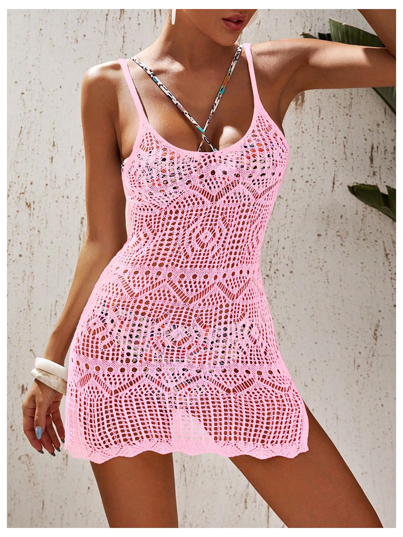 SOLY HUX Women's Spaghetti Strap Hollow Out Split Hem Beach Swimsuit Bikini Cover Up White S: SOLY HUX Women's Spaghetti Strap Hollow Out Split Hem Beach Swimsuit Bikini Cover Up