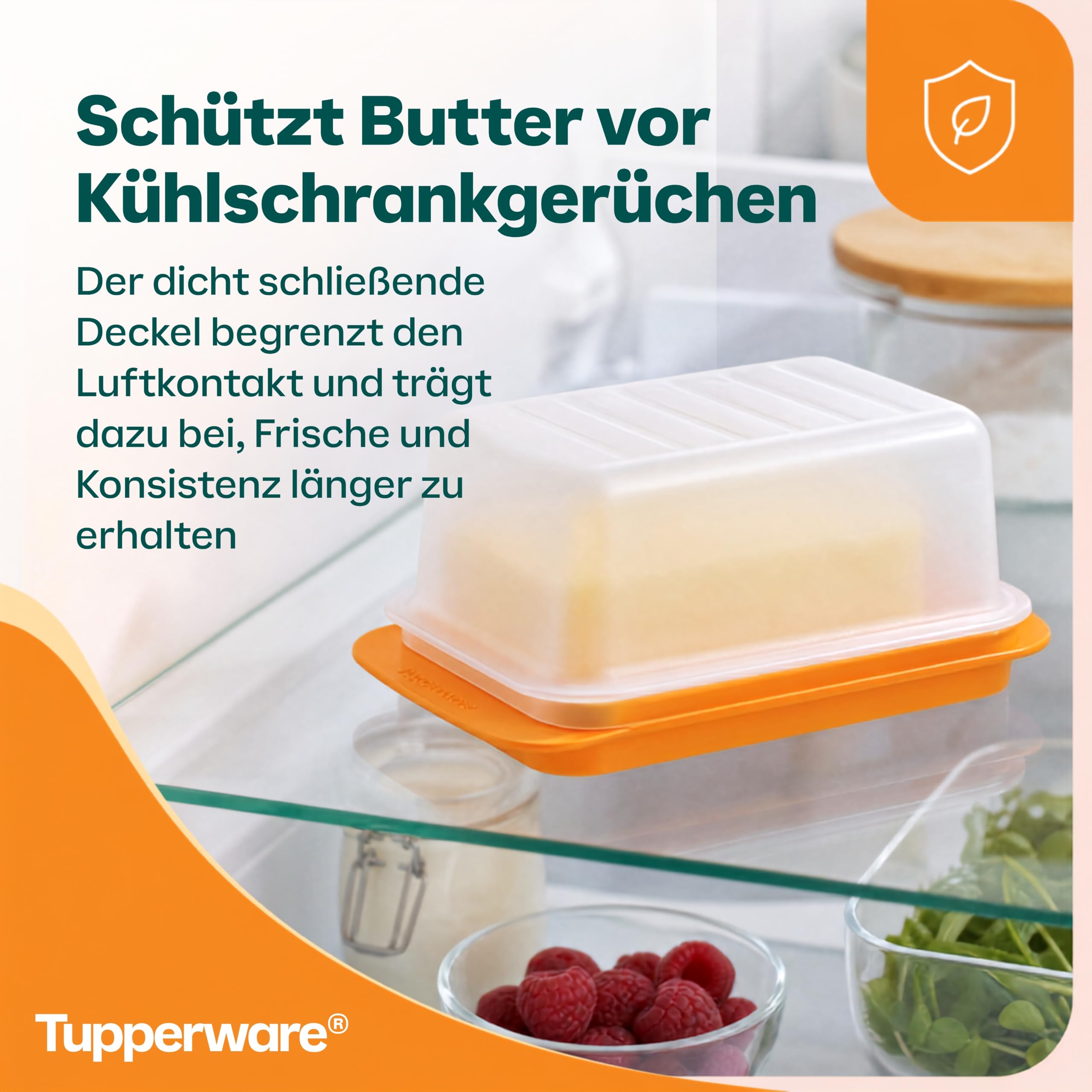 Tupperware Butterdose in Orange/Weiß - Butterbox mit Deckel für 250 g Butter - Kunststoff, beidseitig nutzbare Platte, spülmaschinengeeignet - 16,5 x 11 x 7 cm