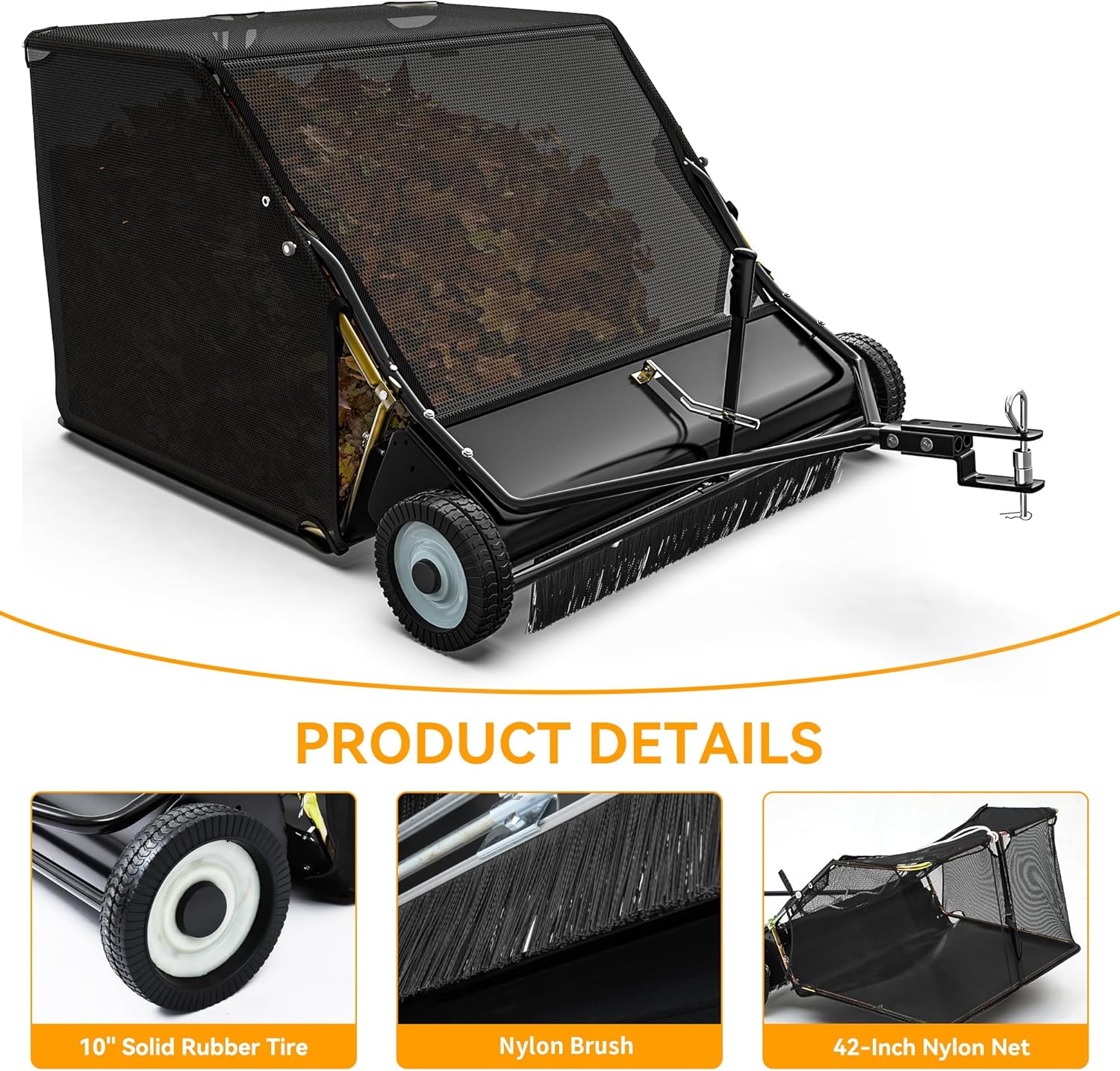 YINTATECH Tow-Behind Lawn Sweeper,42" Pull Behind Heavy-Duty Garden Sweeper with Hopper Bag,Grass Collector,Adjustable Brush Height,Anti-Splash Cover,Dumping Rope from Seat Handle for Yard Lawn