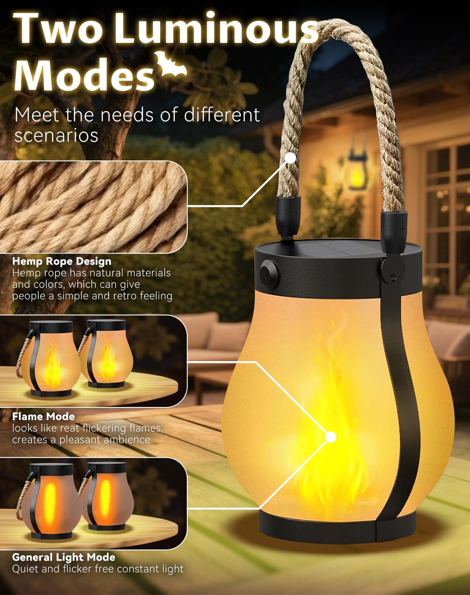 Solar Lantern Lights Outdoor - 4pcs Flicking Flame LED, Lanternes suspendues imperméables pour patio, jardin, camping 3pcs