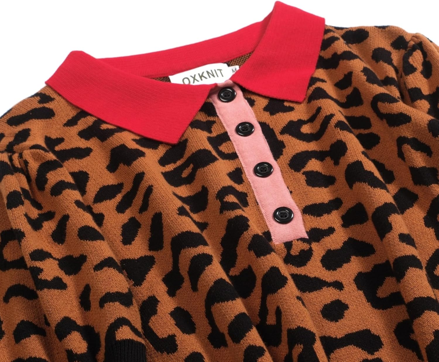 OXKNIT Women's Knit Polo Shirts Short Sleeve, 1960s Mod Style Vintage Leopard Print Brown Tops with Quarter Button - Image 4