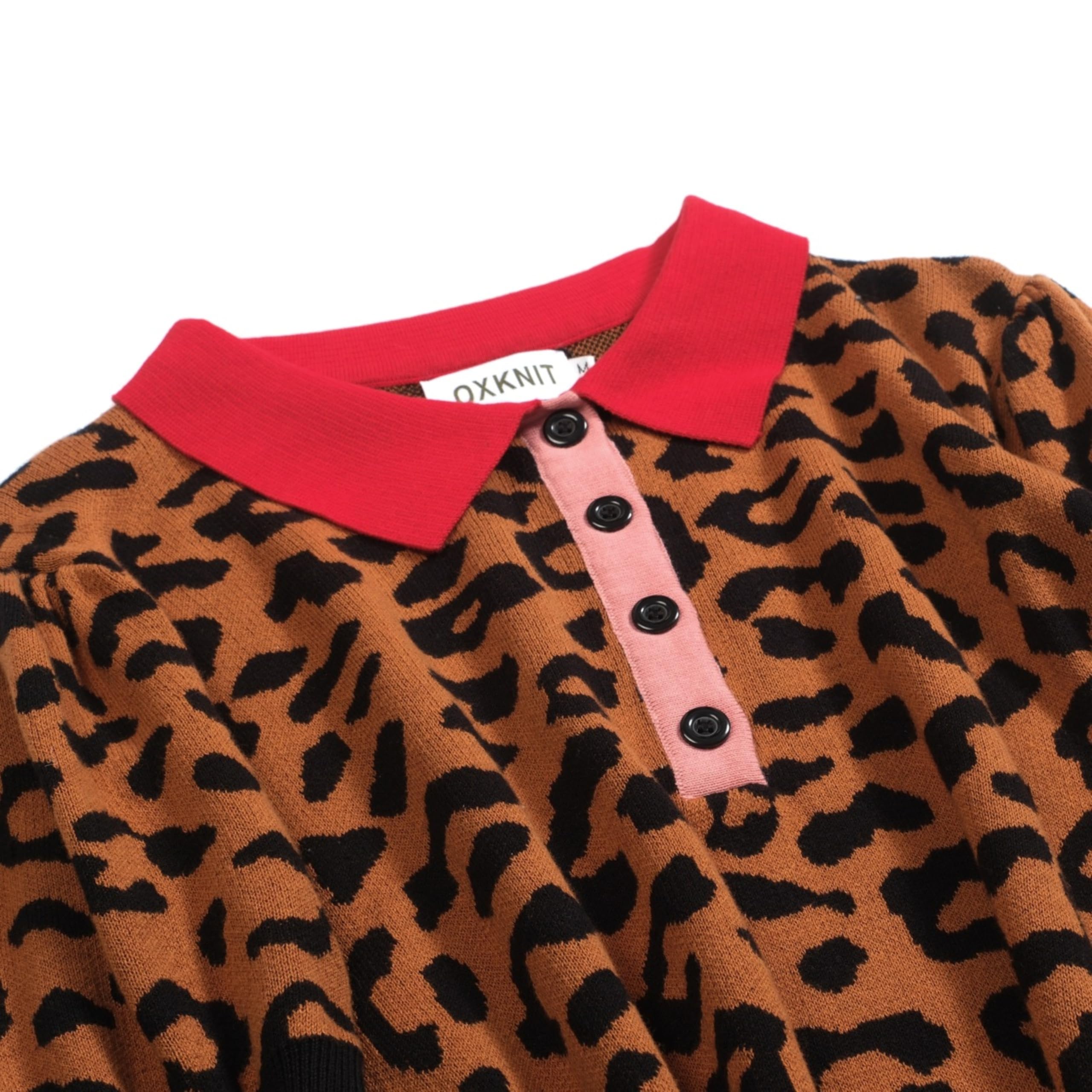 OXKNIT Damen Poloshirt Kurzarm Braun Vintage Polohemd aus Jacquard-Strick mit Leopardmuster