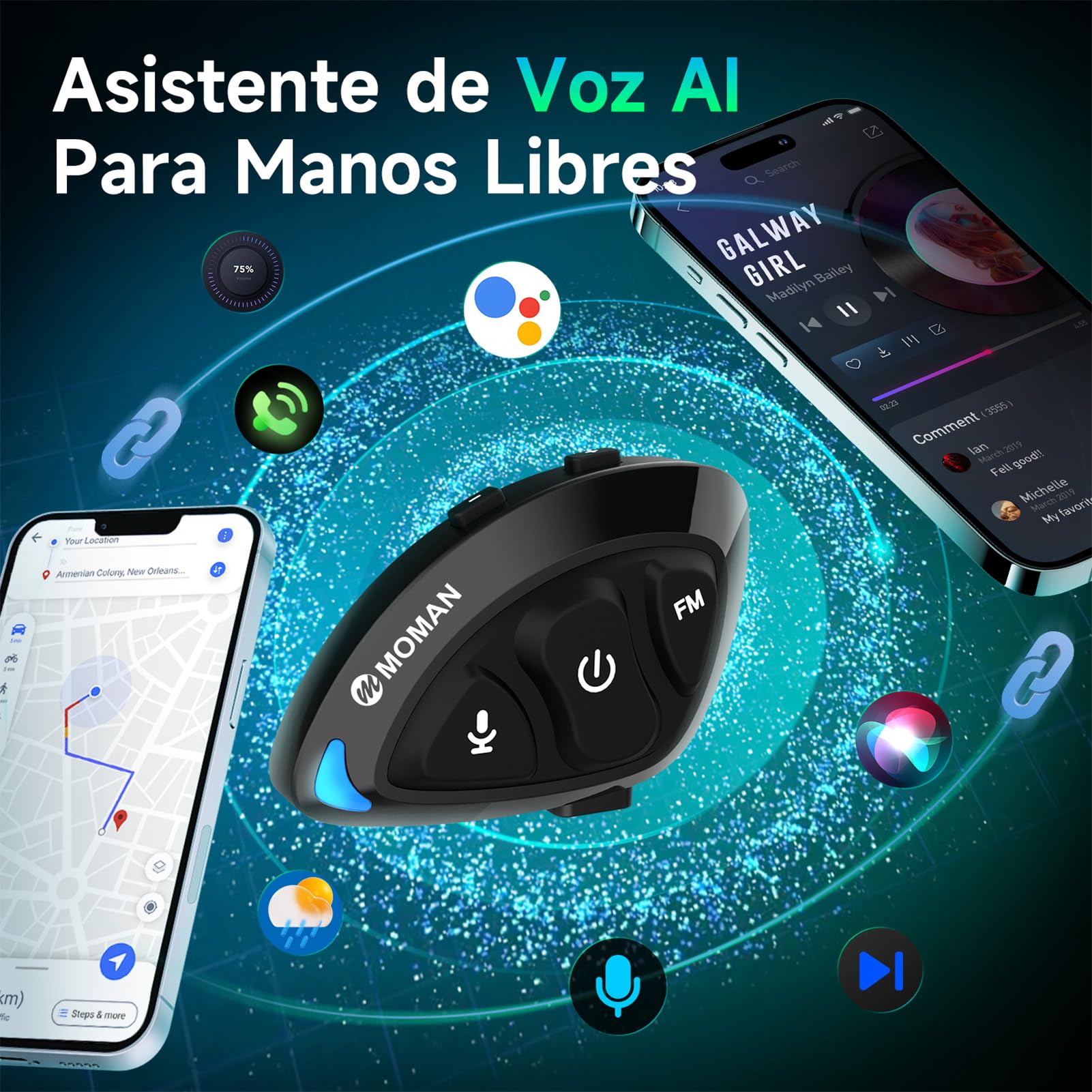 Moman Auriculares Casco Moto, Ligero Manos Libres Auriculares Inalámbricos con Micrófono HiFi Estéreo Reducción de Ruido/Radio FM/Botón Apto para Guantes/Asistente de Voz/IPX6 Impermeable, RS-S