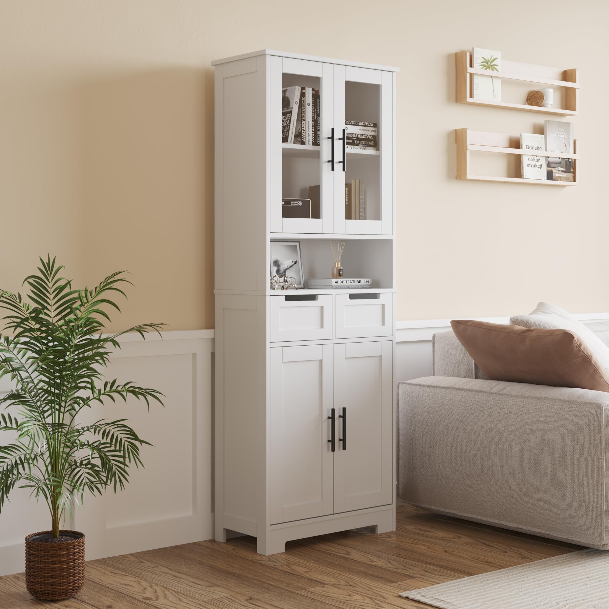 LEADZM Meuble Cuisine Rangement，Buffet Cuisine avec 4 Portes et 2 Tiroirs | Meuble de Rangement Cuisine，Grande Capacité pour Salon，Chambre ou Bureau - 60 x 30 x 170 cm (4 Portes)