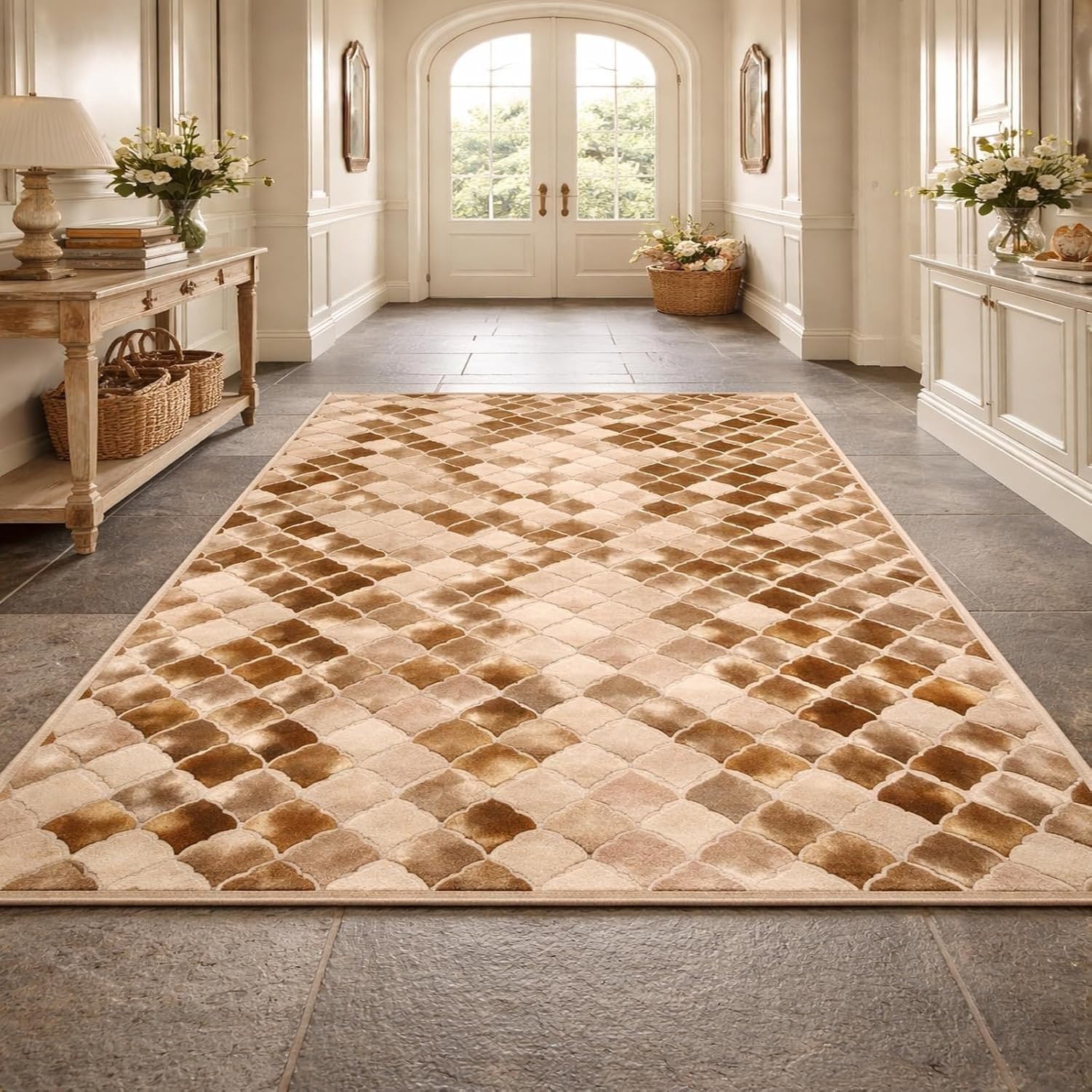 Tapis de salon lavable géométrique marron beige, Brun, 120 x 120 cm