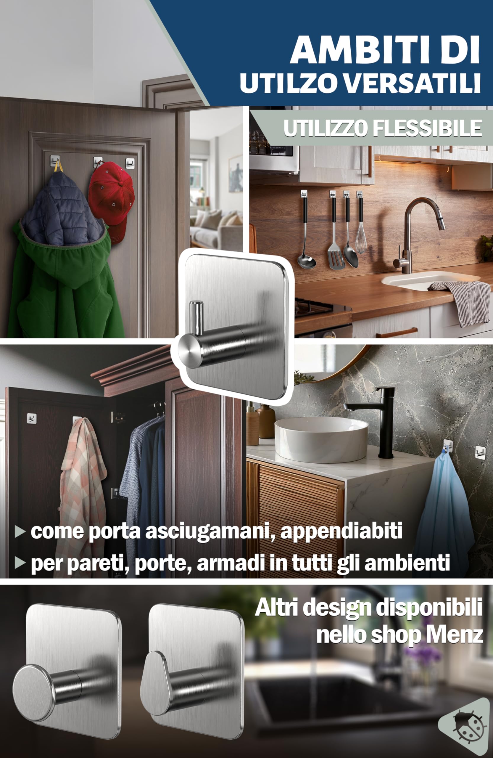Menz Ganci Adesivi Bagno, Set di 4 - Adesivi Acciaio Inox di Alta Qualità, Appendi Porta Asciugamani Robusti, Appendi Accappatoio Bagno, Impermeabili per Cucina e Pareti, Argento