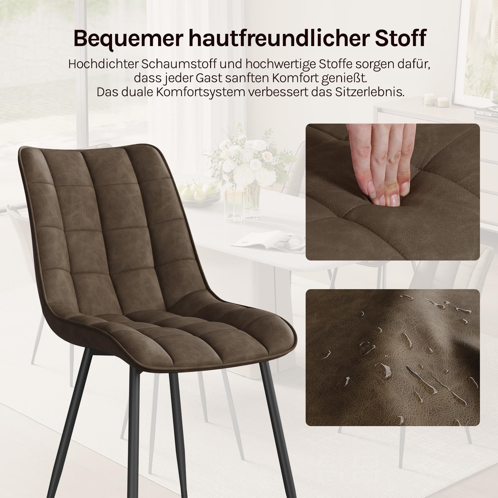 WOLTU Esszimmerstühle 2er Set, für Wohnzimmer Küche Esszimmer, Küchenstühle gepolstert mit Rückenlehne, Sitzfläche aus Kunstleder, mit Metallbeinen, bis 150 kg belastbar, Braun
