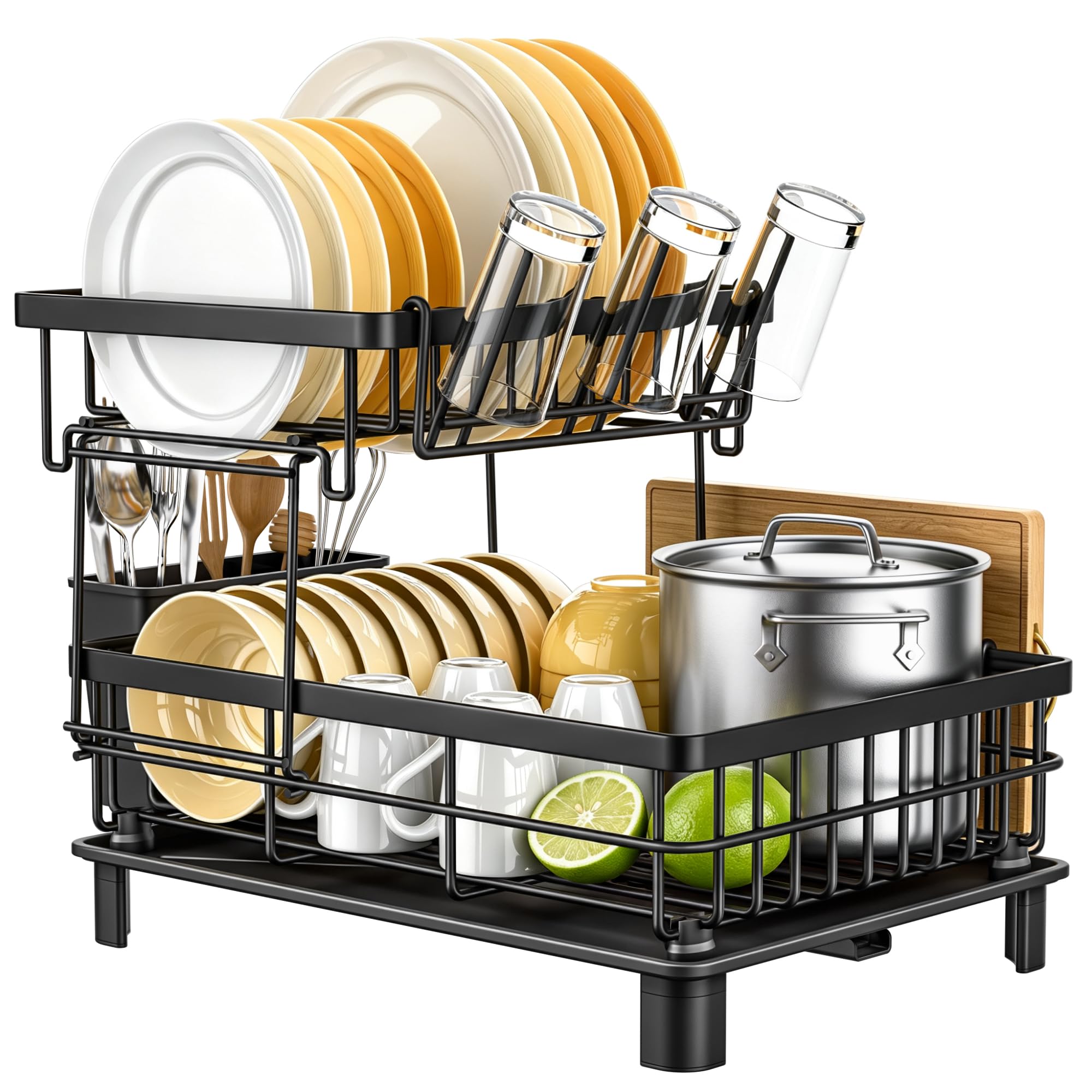 2 Tier Dish Drainer Rack with Drip Tray and 360° Rotating Spout, Space-Saving Dish Drying Rack for Plates, Cups and Cutlery, Rust-Resistant Powder-Coated Iron Kitchen Drainer, Black, 38 x 28 x 31 cm