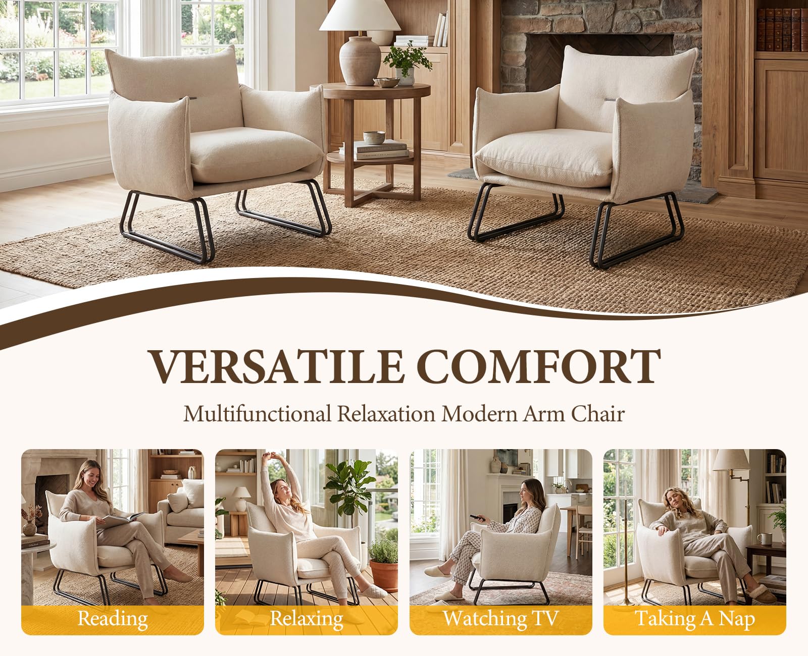 Moderne Loungesessel mit Stahlgestell, Webstoffbezug und Hoher Rückenlehne, Relaxsessel für Wohnzimmer, Arbeitszimmer oder Büro, Haferfarben