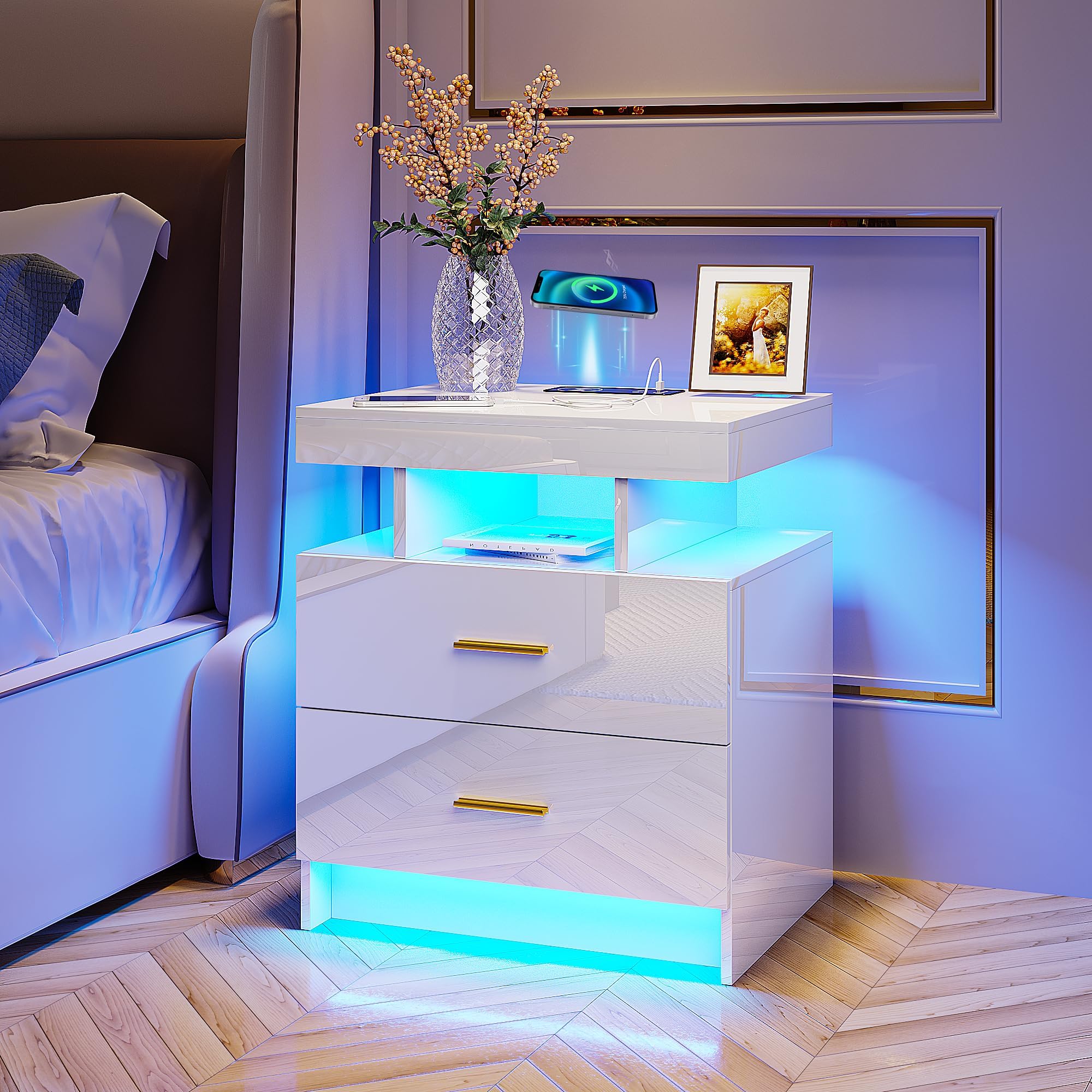 HNEBC Auto LED Nightstand with Wireless Charging Station & USB Ports,High Gloss Bedside Tables with 2 Drawers,Floating Nightstand with 3 Color & Adjustable Brightness for Bedroom,White