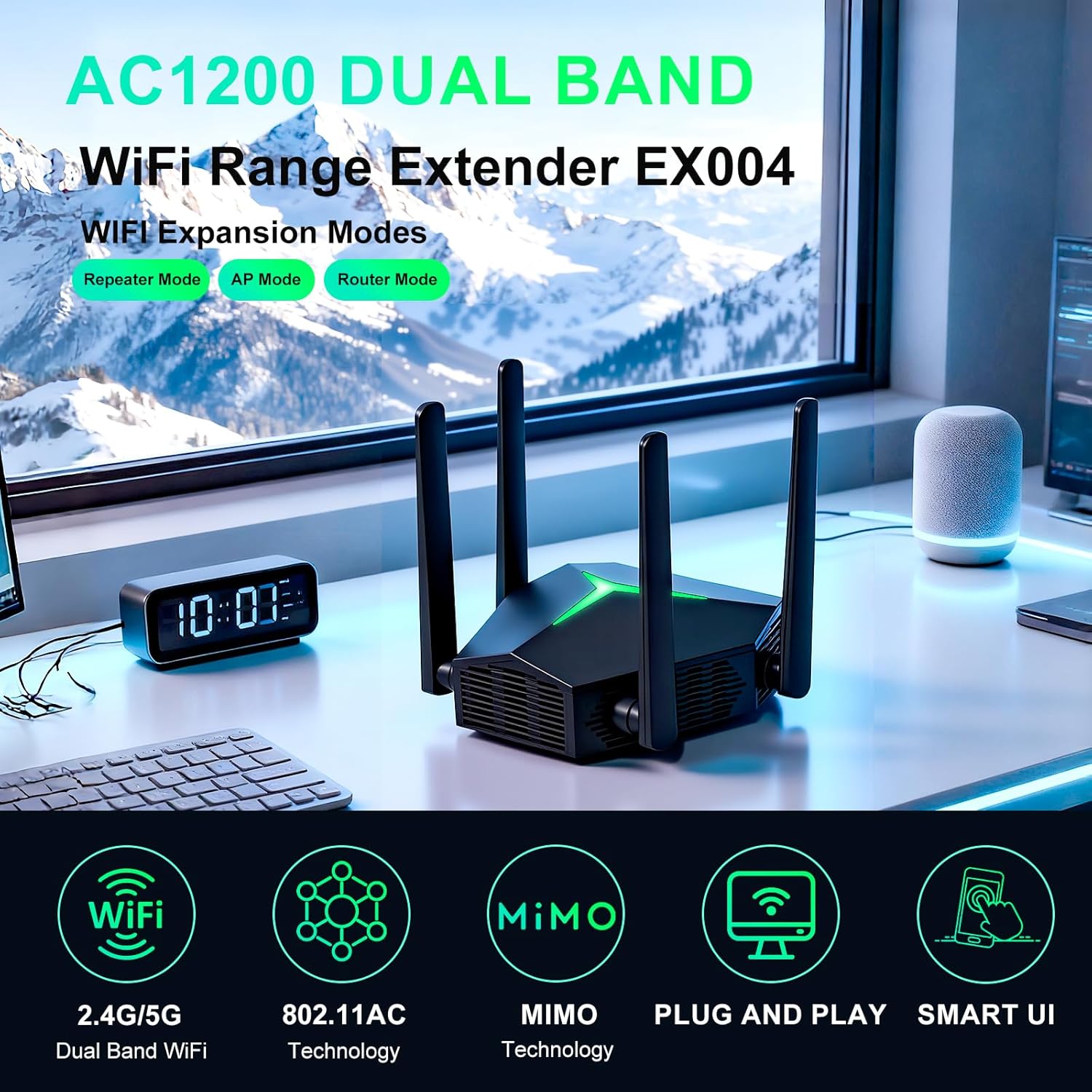 AC1200 WiFi Extender Signal Booster for Home Long Range, Dual Band 5GHz/2.4GHz WiFi Repeater with USB-C, WiFi Range Extender with 3 Modes & 2 Ethernet Ports Cover up to 12000 Sq.ft (Black) - Image 2