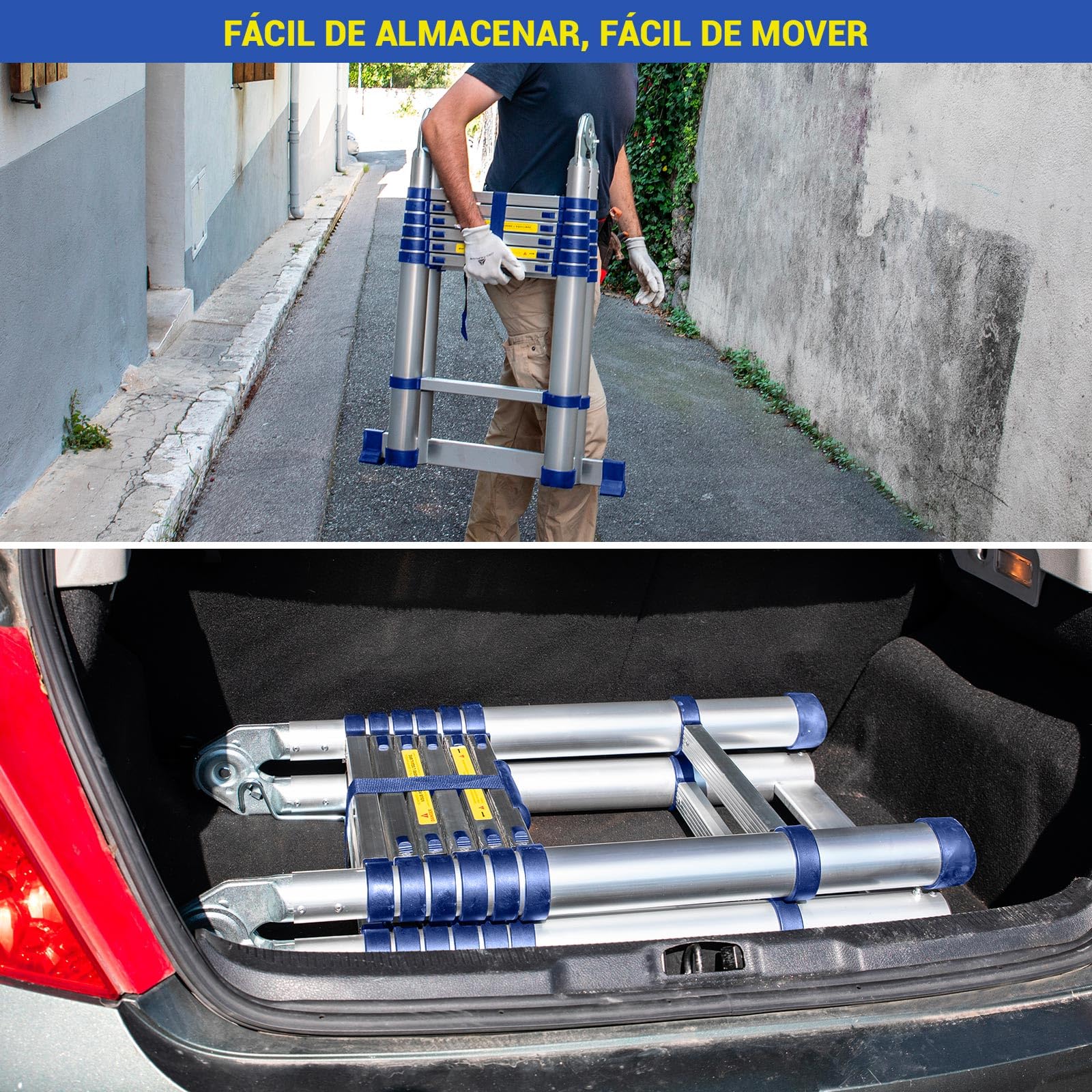 HOSTRÖM Escalera telescópica articulada 4,4 m STEMPAKT, Escalera de 2 x 7 peldaños Plegable Profesional multifunción, H MAX Trabajo 5,3 m, garantía de 5 años.