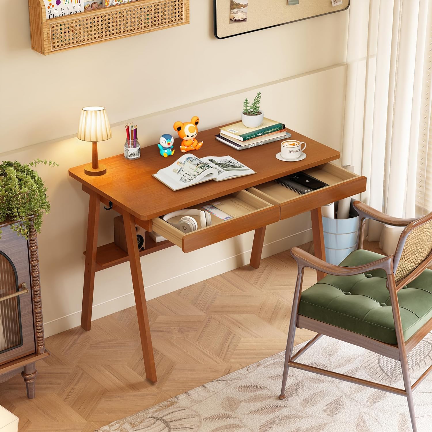 100% Solid Wood Writing Desk - 39.4" Mid Century Modern Home Office Desks, Small Computer Desk for Small Spaces with 2 Drawers and Storage Shelf, Laptop Study Table for Bedroom/Living Room, Walnut