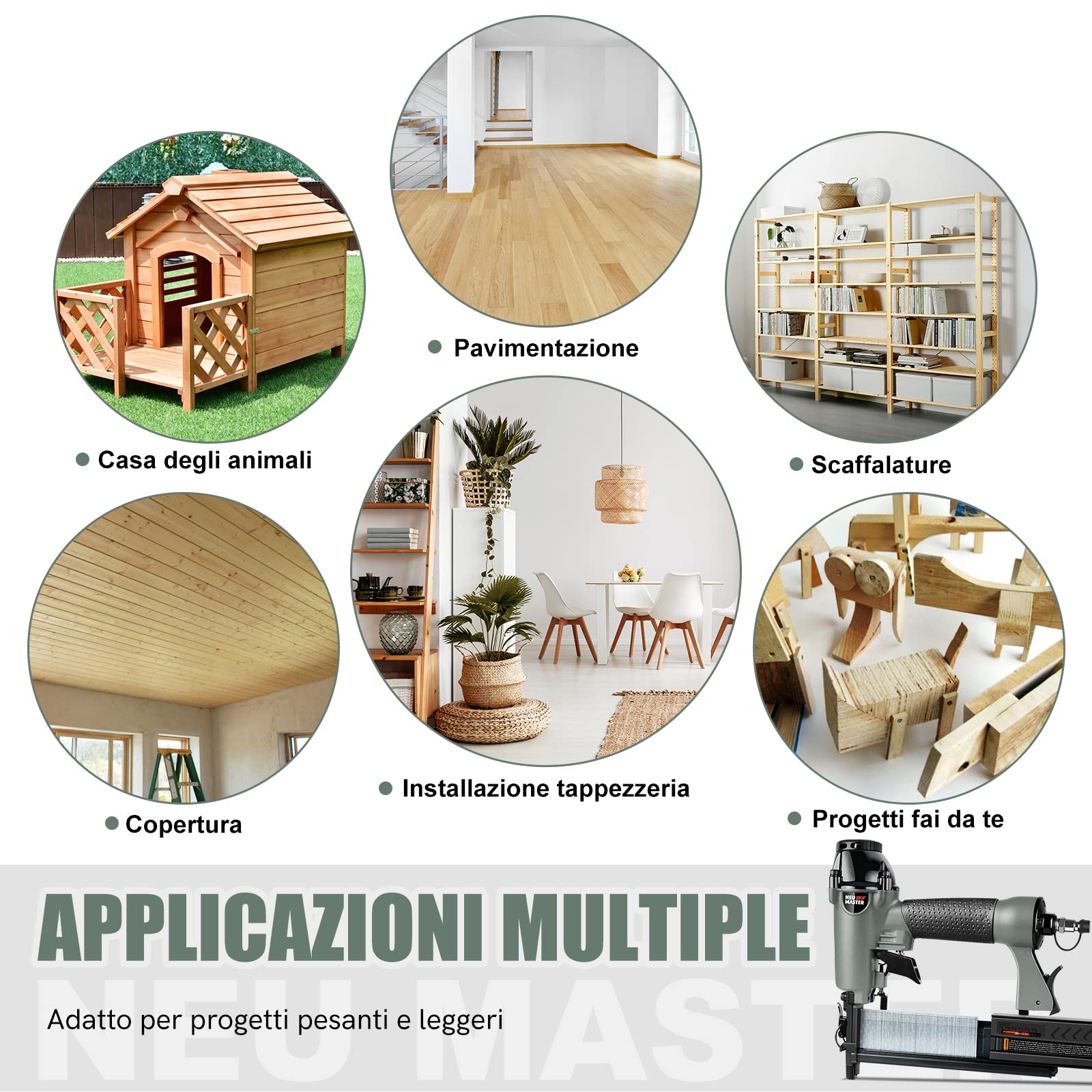NEU MASTER Chiodatrice Pneumatica - 2 in 1 Sparachiodi Aria Pneumatica con 800 Chiodi e 200 Graffette,Graffettatrice Pneumatica con Occhiali di Protezione e Custodia in Plastica Portatile
