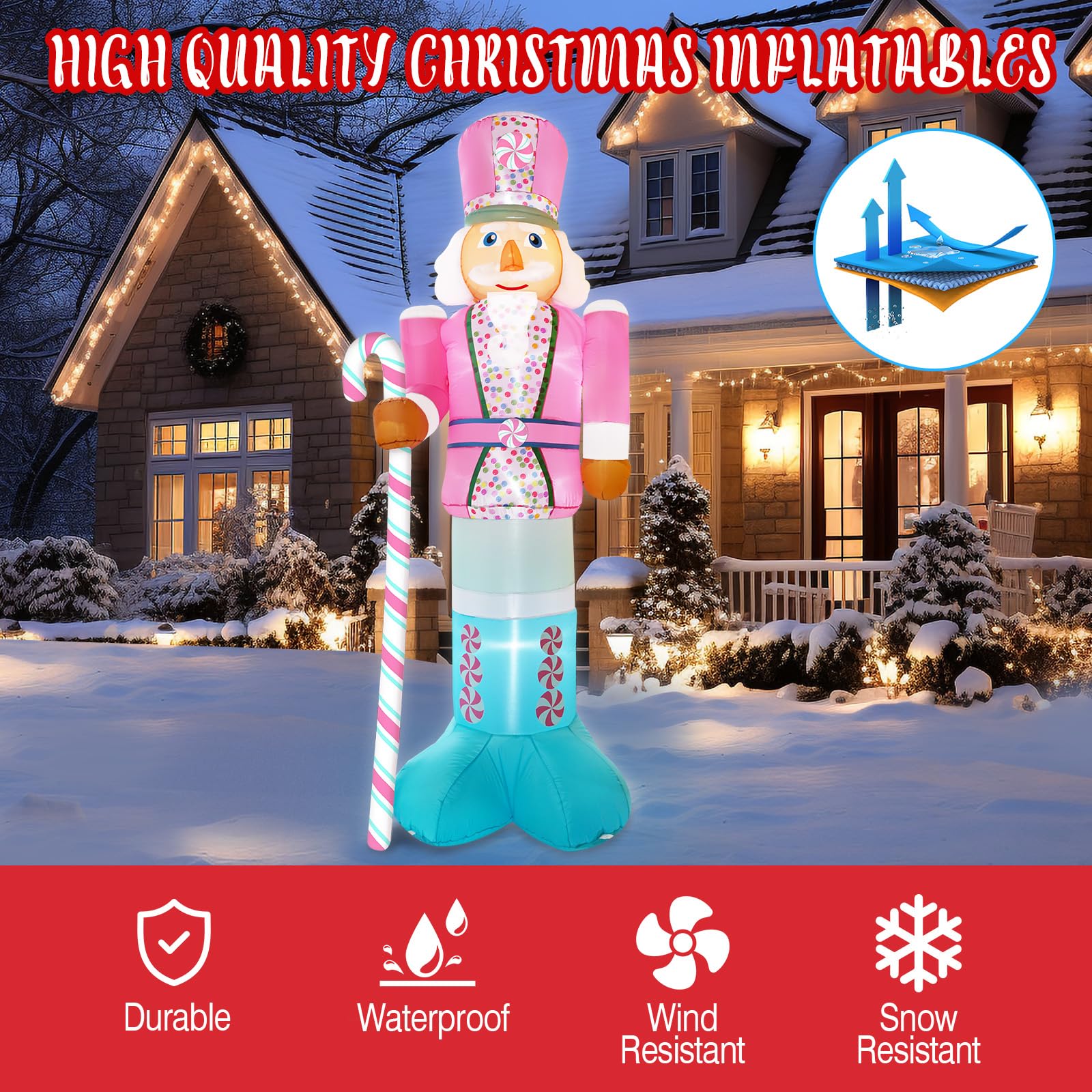 Aufblasbarer Nussknacker für Weihnachten, 3 m, für Zuckerstange, aufblasbar, integrierte helle LEDs für Weihnachten, aufblasbare Outdoor-Dekoration, Weihnachtsgeschenk