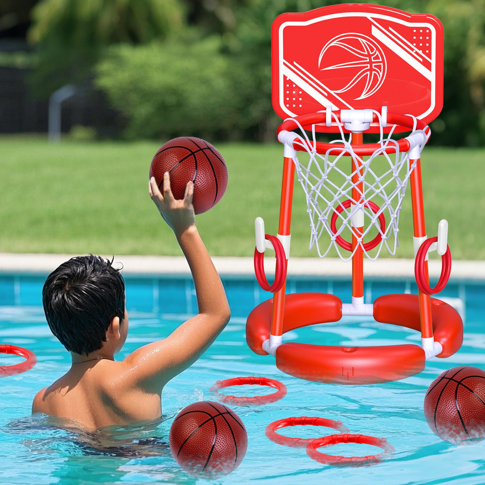 AuroTops Pool Basketball Hoop with Backboard Ring Toss Games for Kids and Adults,Floating Basketball Pool Toys,Swimming Pool Toys,Family Pool Party,Summer Gifts,Pool Games,Include 2 Balls and Pump,Red