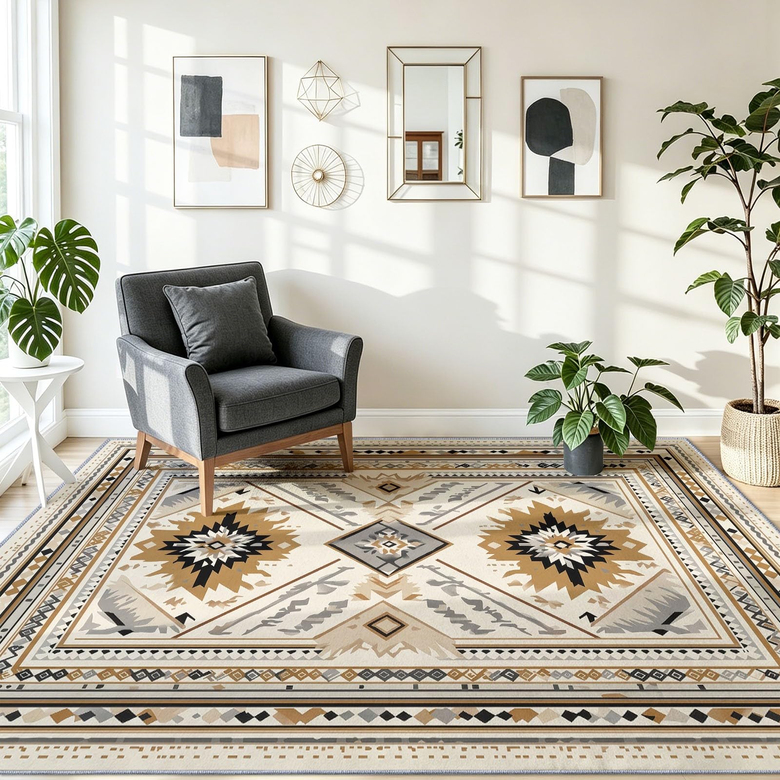 Waschbarer Teppich Wohnzimmer Suedwestlich Ethnisch, 80 x 150 cm Kurzflor rutschfest Teppich Weich Teppiche mit Druckmuster für Schlafzimmer, Esszimmer, Rauten Pfeile Geometrisch ZickzackBraun