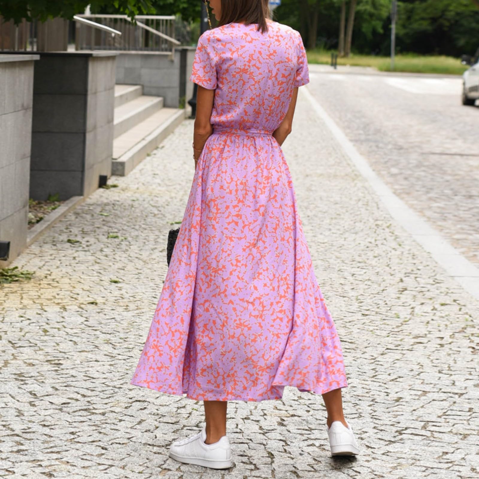 Sommerkleider Damen Leicht und Luftig Lang Blumenkleid Sommer A Linien Kleid V Ausschnitt Damenkleider Elegant Midikleid Curvy Freizeitkleid Italienische Kleider mit Schlitz Dresses for Women