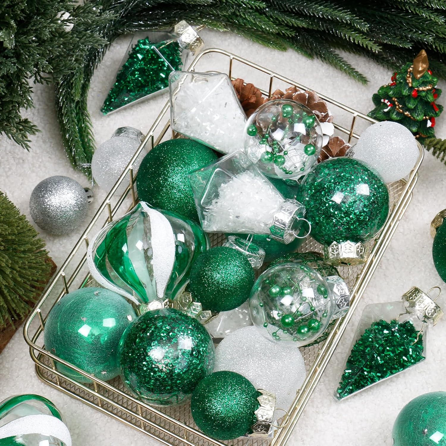 Christmas Ball Ornaments Set, 34PCS Clear Plastic Shatterproof Christmas Ornaments for Xmas Tree Hanging Decorations, for Indoor Home Thanksgiving Party Decor - Green/White.