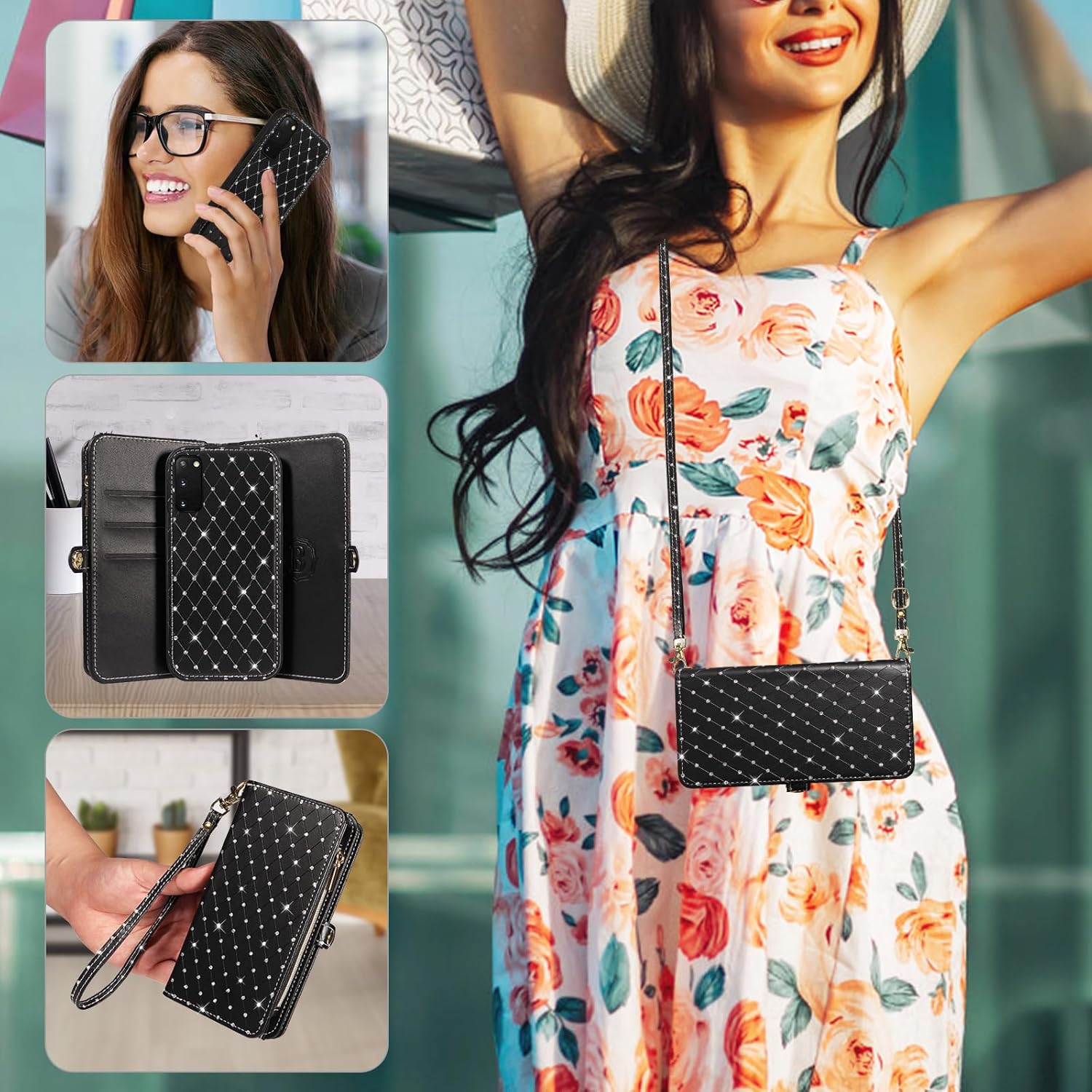 Asuwish Phone Case for Samsung Galaxy S20 5G 6.2 inch Zipper Wallet Detachable Cell Cover with Tempered Glass Screen Protector Strap Glitter Flip Card Holder Slot S 20 20S UW S2O G5 Women Girls Black