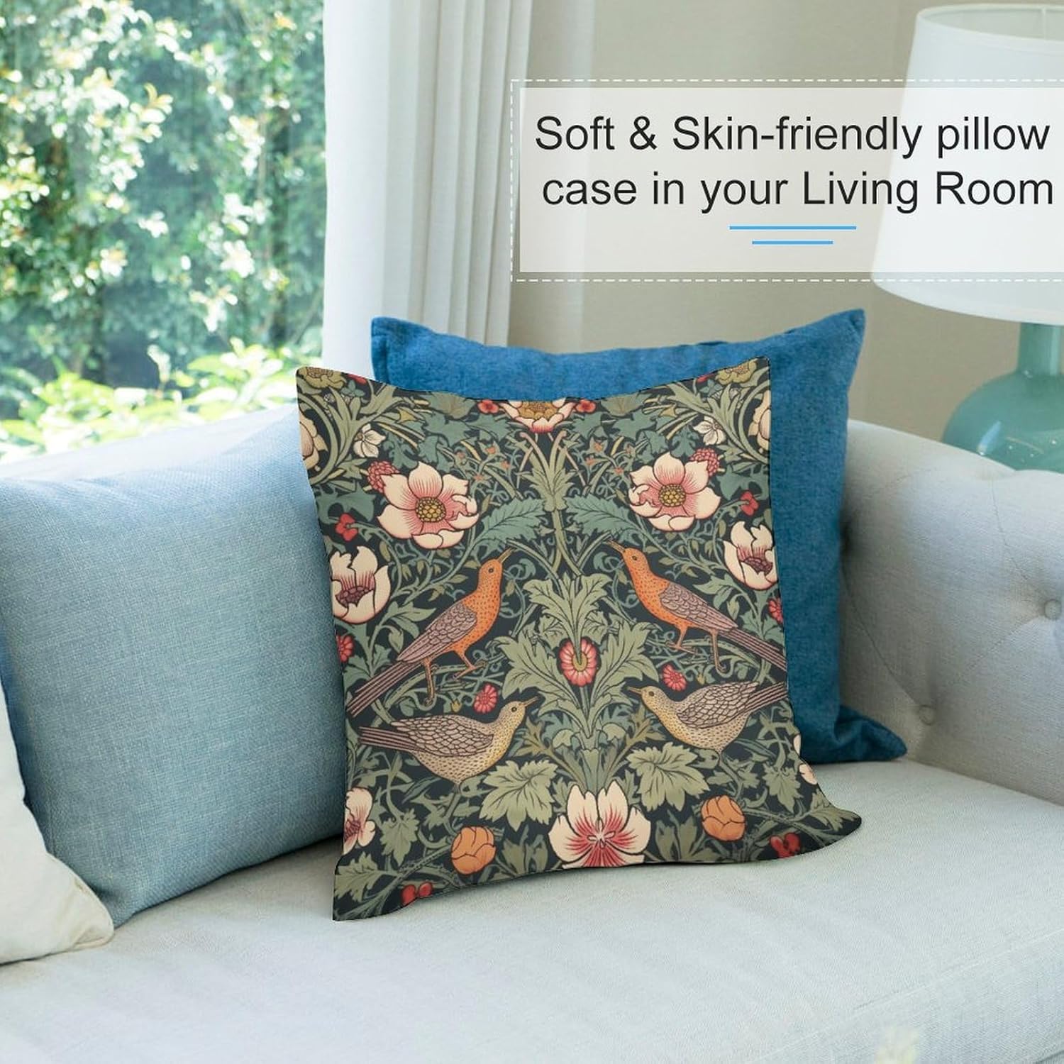 William Morris Pillow Case,Polyester Sofa Throw Pillow Cover Set of 2,Vintage Rustic Art Abstract Green Plant Flower Bird Square Protector Cushion for Sofa Bed Decor 22x22in