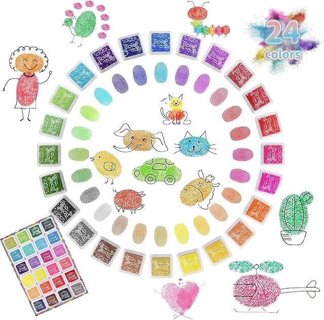24 Colors Ink Pad Set, Rainbow Stamp Pad Mini DIY Craft Ink Pads, Fingerprint Ink pad Non-Toxic for Child Palm Finger Painting DIY Scrapbooking Rubber Art Craft Stamp Card Making