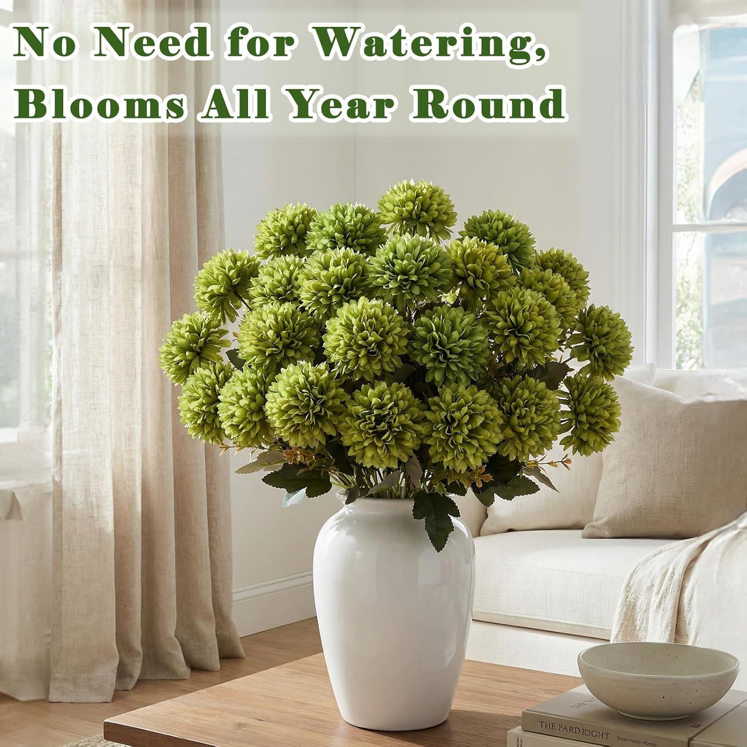 12 Bundles Artificial Mums Flowers for Outdoor, Army Green Faux Chrysanthemums UV Resistant Silk Flower for St. Patrick's Day Pot, Porch Vase, Memorial Day Cemetery Grave Decor, 72 Flower Heads