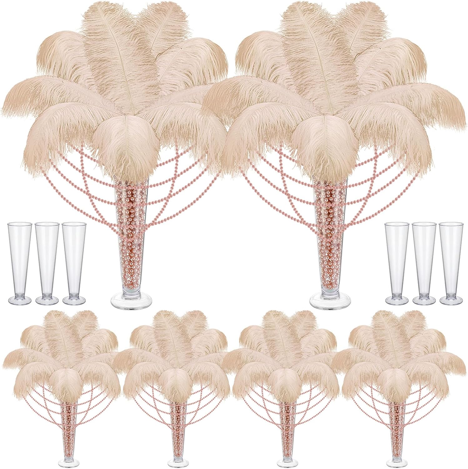 Yuxung 6 Sets Wedding Table Centerpiece Accessories Including 159 Pieces Natural Ostrich Feather Bulk Plastic Vases and Beads Necklaces for Wedding Home Party Centerpiece Supplies(Champagne)