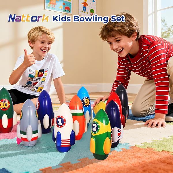 Nattork Rocket Children's Bowling Set - Bowling Set for Toddlers Indoor and Outdoor with 10 Foam Nails and 2 Balls, Educational Game for Kids 4-5 and 5-12 Years, Gift - 2