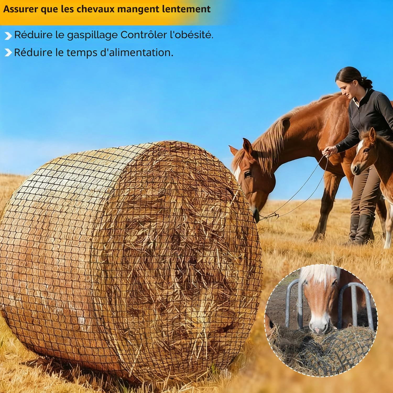 Filet a Foin Chevaux, 5x5ft Filet à Foin Balles Rondes, Stable Résistant à l'usure, Maille 4,5cm pour Chevaux, Allongement du Temps d'Ingestion pour Une Alimentation Adaptée aux Espèces