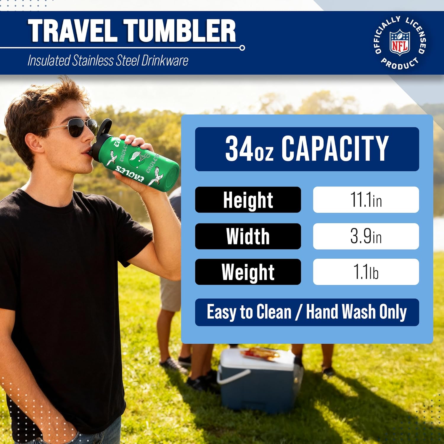 Team Fan Apparel NFL 34oz Quencher Stainless Steel Insulated Water Bottle, Easy-Carry, No-Spill, No-Leak Lid, Flip Top Spout