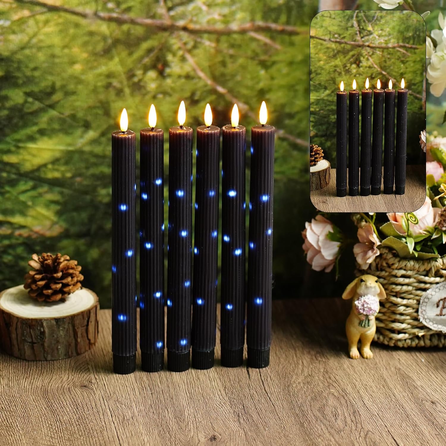 kakoya Real Wax Flameless Taper Candles with Remote Timer,6 Pcs Taper Battery Operated Candle,9.6 Inches LED Candles with Embedded Star String for Home Decor Holiday Party,Black
