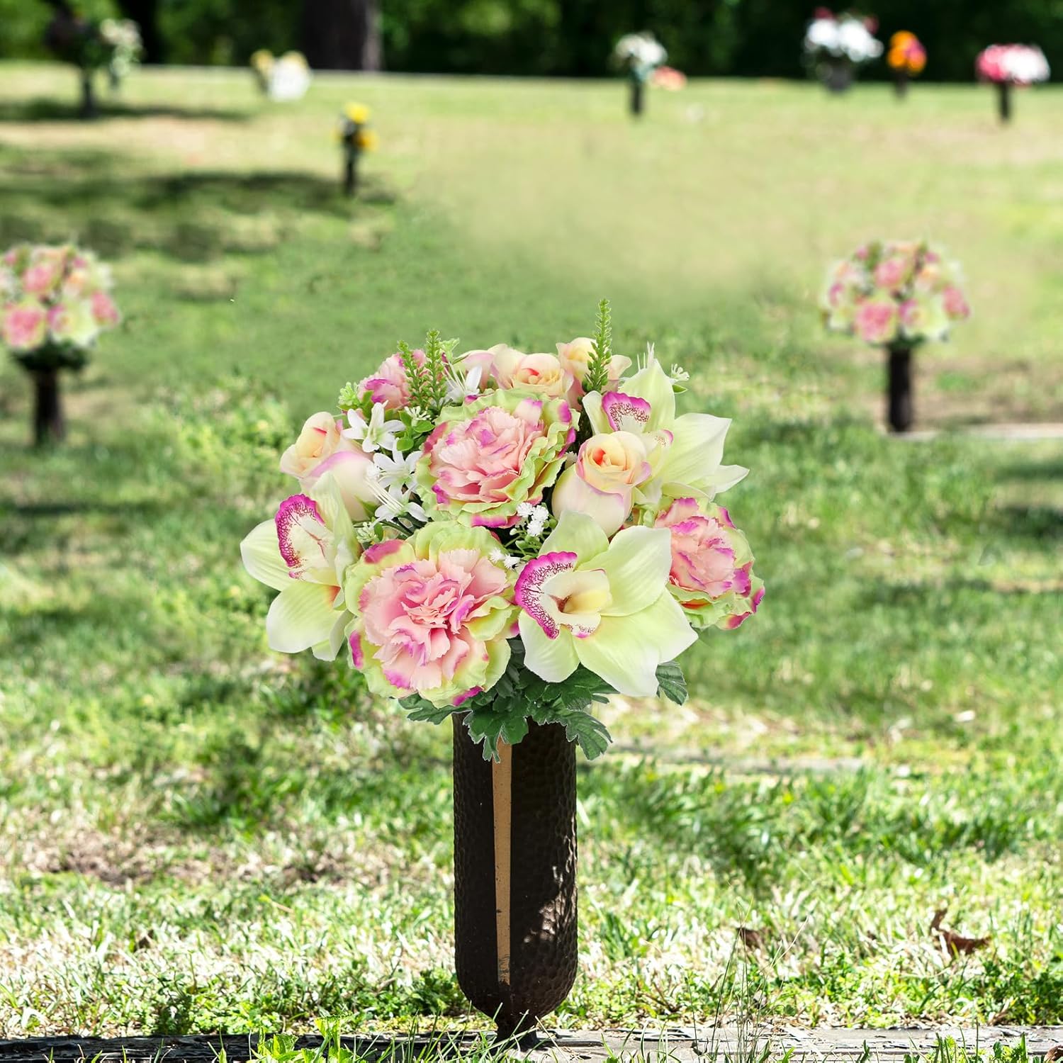 Briful Artificial Flowers Bouquet - 2 Pack Faux Silk Floral Arrangement Fake Carnations Roses Orchid Mixed Flower for Home Office Room Vase Memorial Grave Outdoor Decor