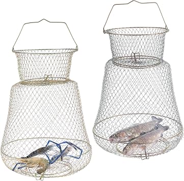 2 Pack Galvanized Steel Wire Fish Baskets, Foldable Wire Fish Nets