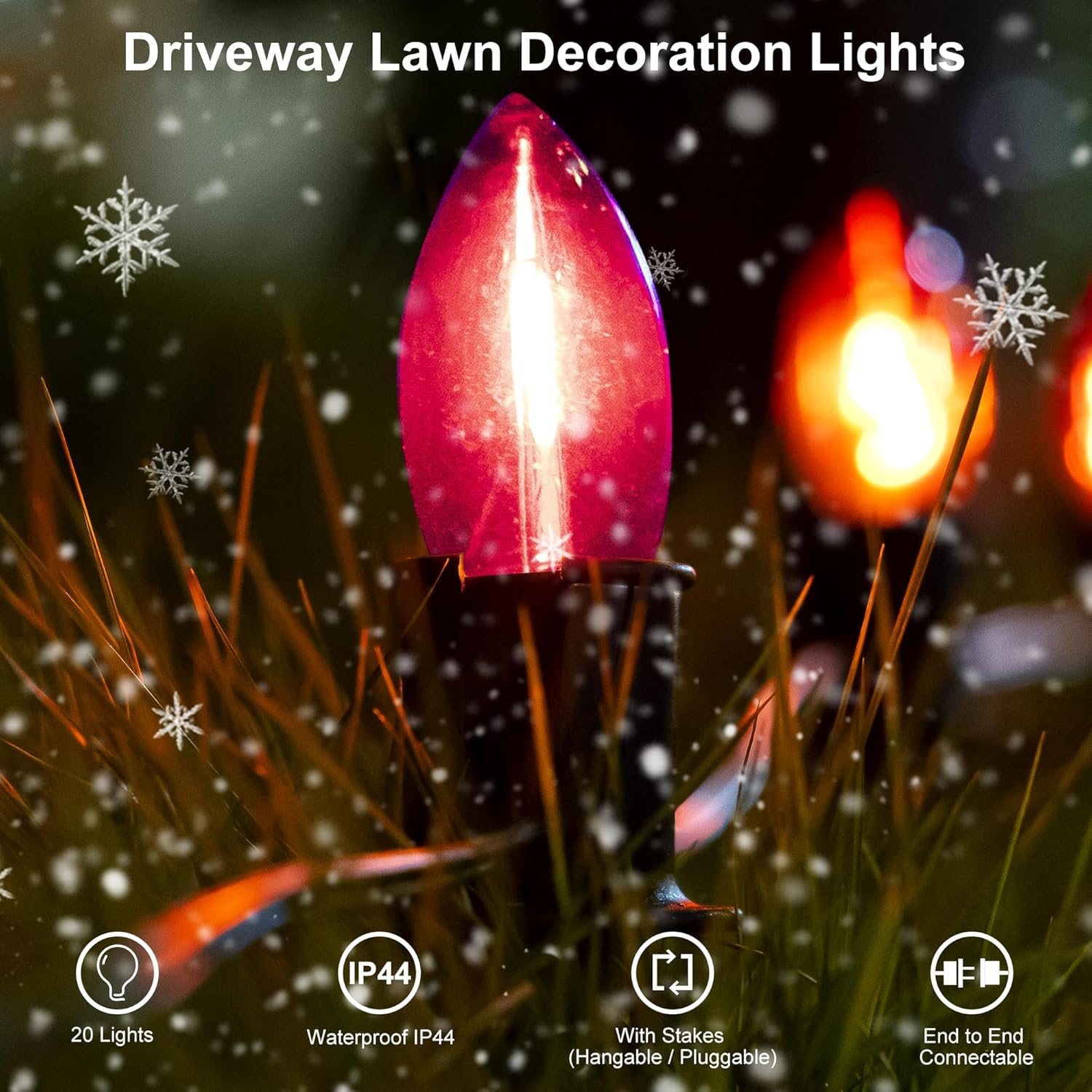 C9 LED Christmas Pathway Lights Outdoor, 24.2ft Multicolored LED Christmas Light with Stakes, Connectable 30 Sets Xmas Decoration Light Outside, Walkway String Light