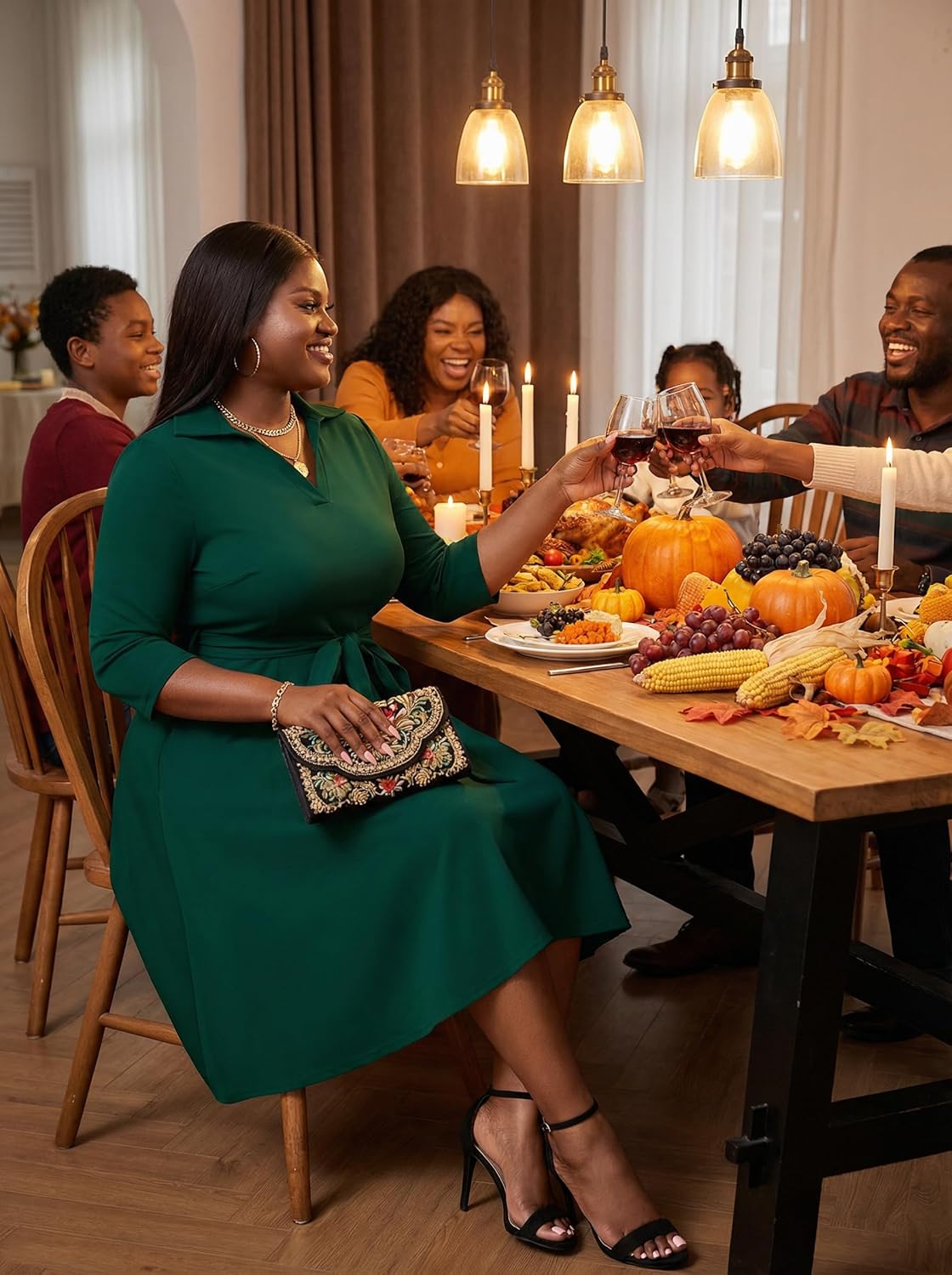 FANDEE Plus Size Midi Dress for Women - Printing Summer Dresses for Wedding Guest Cocktail Party 3/4 Sleeve V Neck(L-5XL) - Image 5