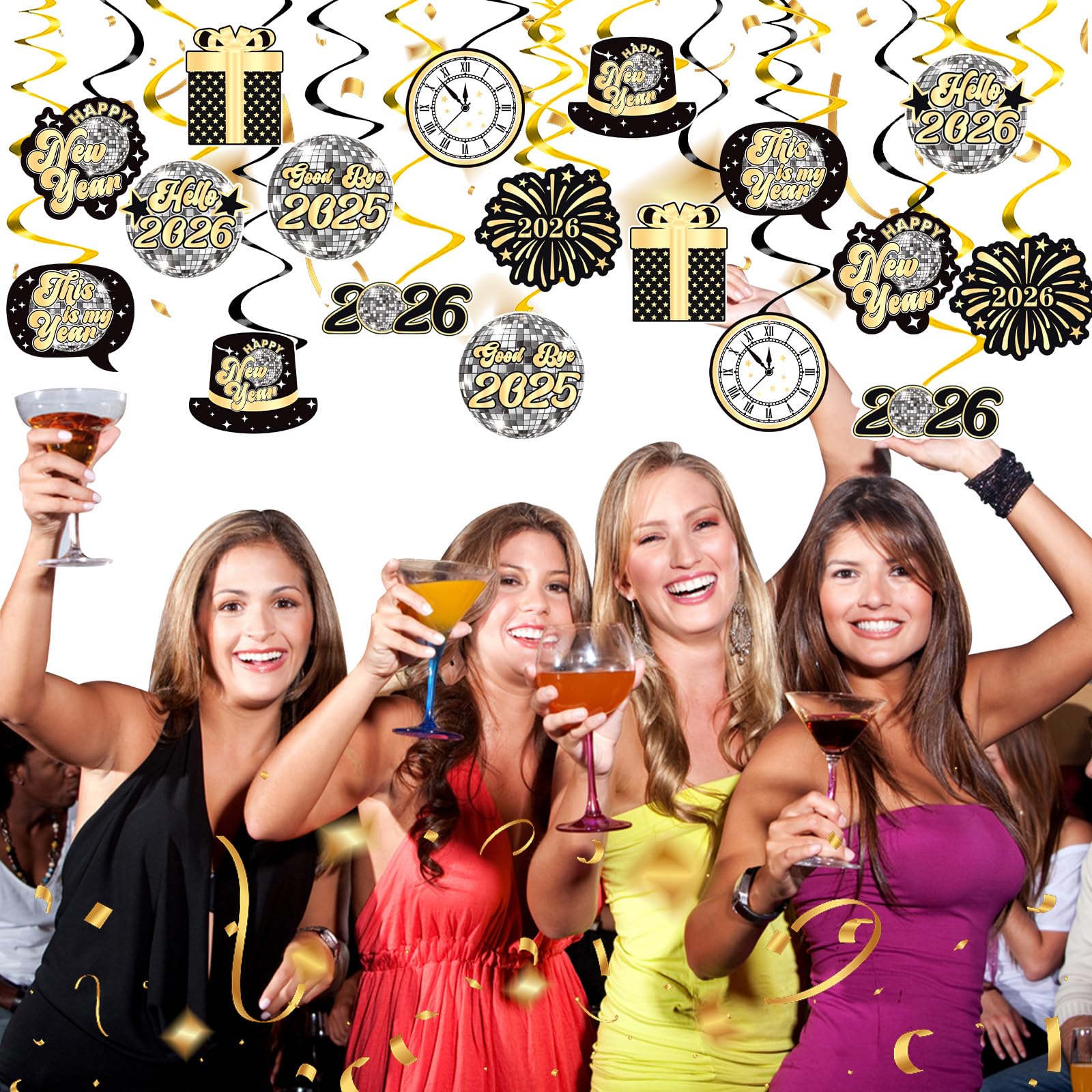 YQUQWN, 42 Stück Disco Happy New Year Hängende Wirbel Dekorationen 2024, kein DIY, Disco-Party-Dekorationen, Happy New Year Dekorationen 2024, Silvester Dekorationen 2024, Silvester Dekorationen 2024