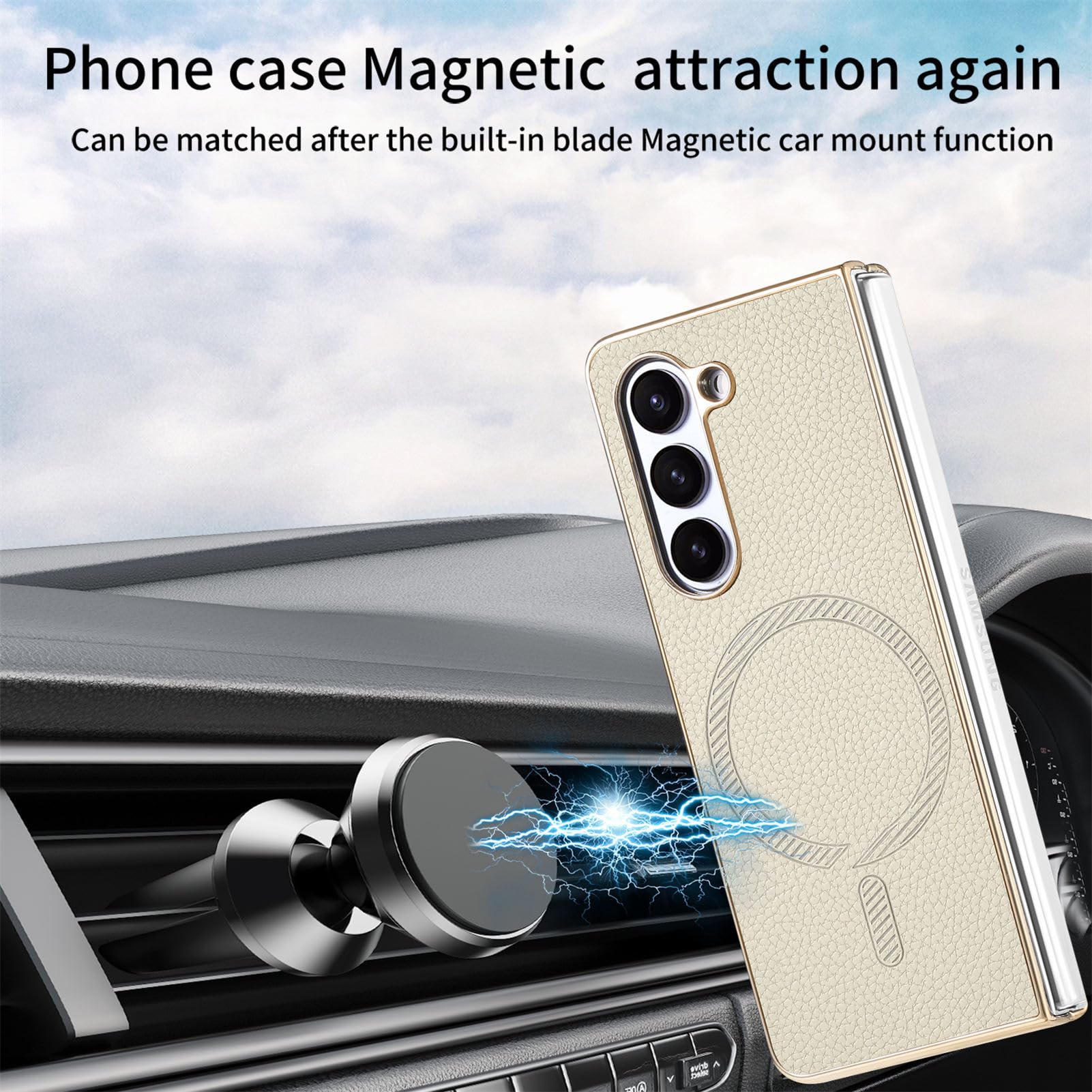 Magnética Funda para Samsung Galaxy Z Fold 6, Galvanoplastia Marco Cuero Carcasa con Pantalla Protección Inalámbrica Carga Estuche,Verde