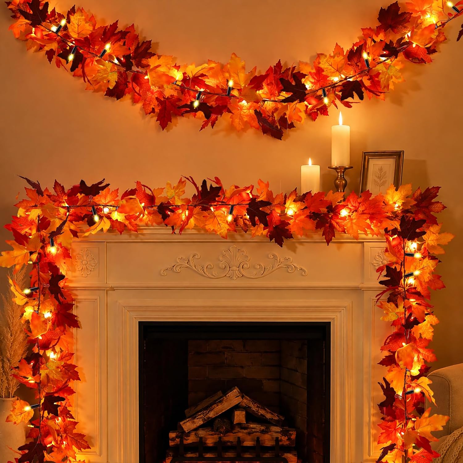 Efunly 9Ft 50 LED Maple Leaf Garland Battery Operated with Timer,8 Modes Waterproof Fall Decorations for Home Fall Garland with Lights for Fall Thanksgiving Table Harvest Home Indoor Decorations