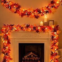 Efunly 9Ft 50 LED Maple Leaf Garland Battery Operated with Timer,8 Modes Waterproof Fall Decorations for Home Fall Garland with Lights for Fall Thanksgiving Table Harvest Home Indoor Decorations