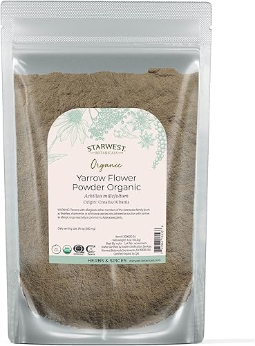 Starwest Botanicals Polvo orgánico de flor de milenrama, hierba seca para té, tinturas y bienestar natural, certificado Kosher, sin OMG, bolsa de 4