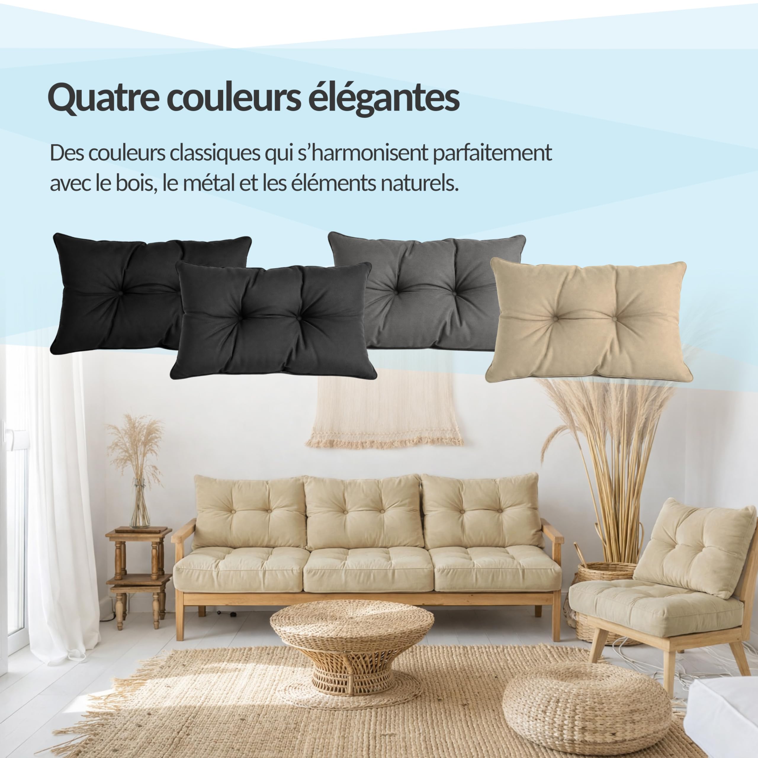 POKAR Lot de 2 Coussins de Jardin 1x Assise 60x60x10 cm + 1x Dossier 60x40x10 cm | Imperméable et Déperlant | Set de Coussins pour Chaise, Fauteuil Rotin et Salon de Jardin | Made in EU | Beige