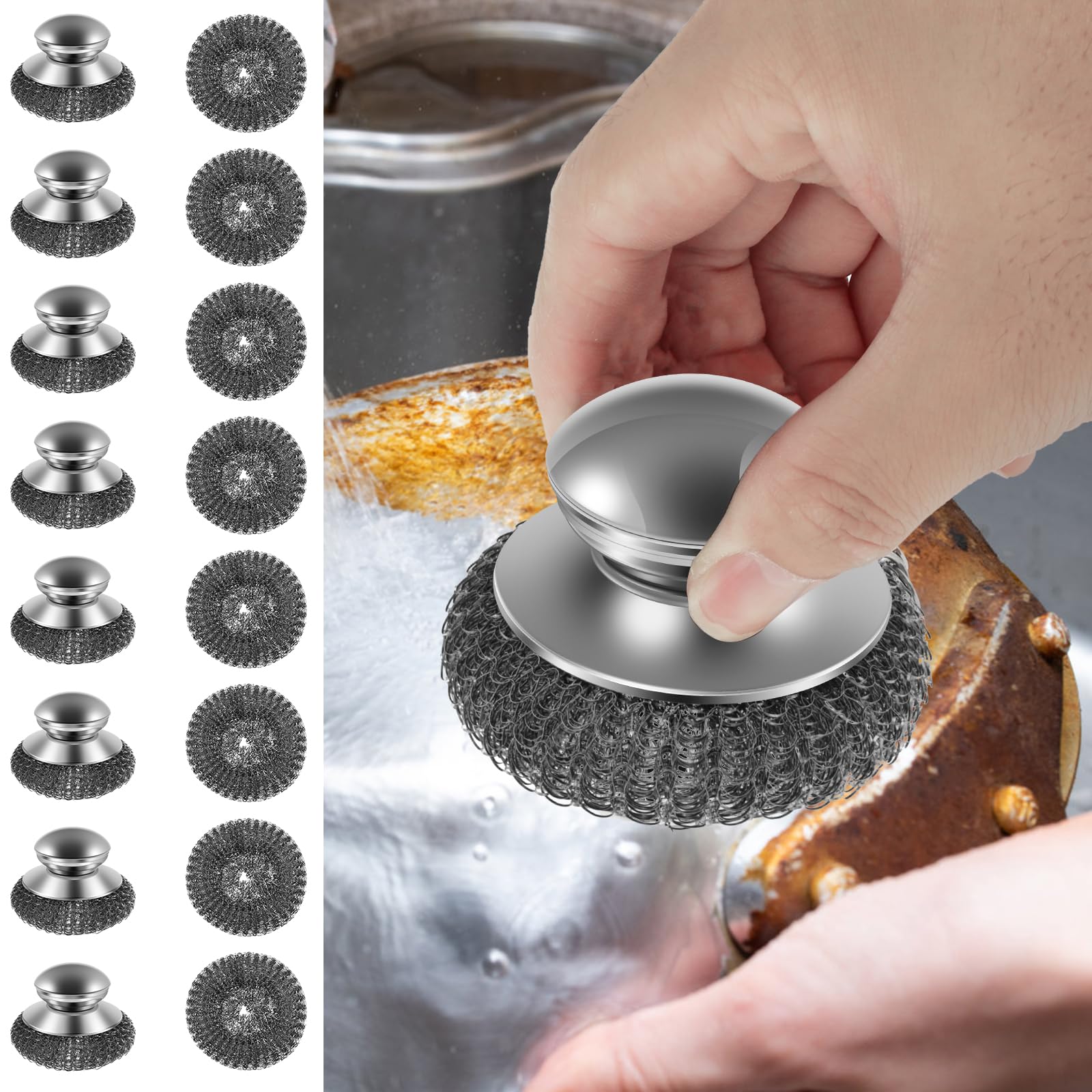 Stainless Steel Wool Scrubber with Replacement Wire Pads Set Replaceable Pot Scrubber Non Scratch Steel Dish Scrubbers for Cleaning Pots Pans Grills Sink