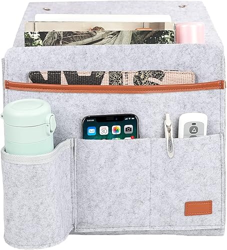 Miniatura 2 de Surblue Organizador de noche de fieltro con soporte para botella de agua para TV, control remoto, lentes de teléfono, 7 bolsillos (gris claro)