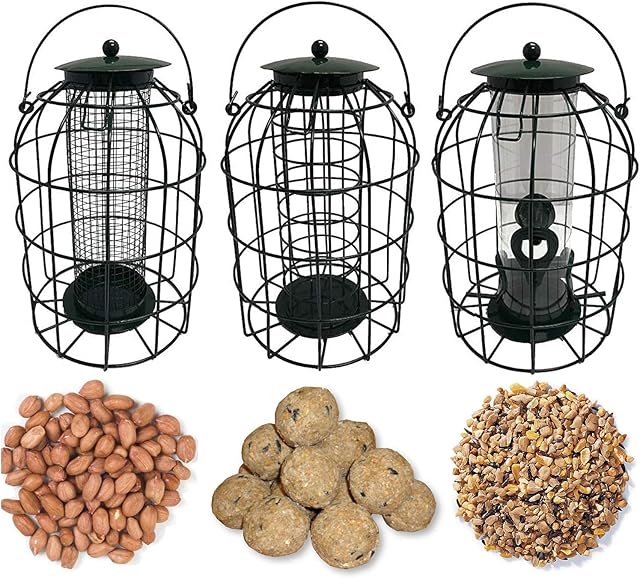 Simply Direct 3x Squirrel Resistant Bird Feeders with Feed | Hanging Squirrel Resistant Nut, Seed & Fat Ball Feeders | with 1KG Bag of Peanuts, 1KG bag of Seeds, and 6 Suet Fat Balls | Wild Bird Feed