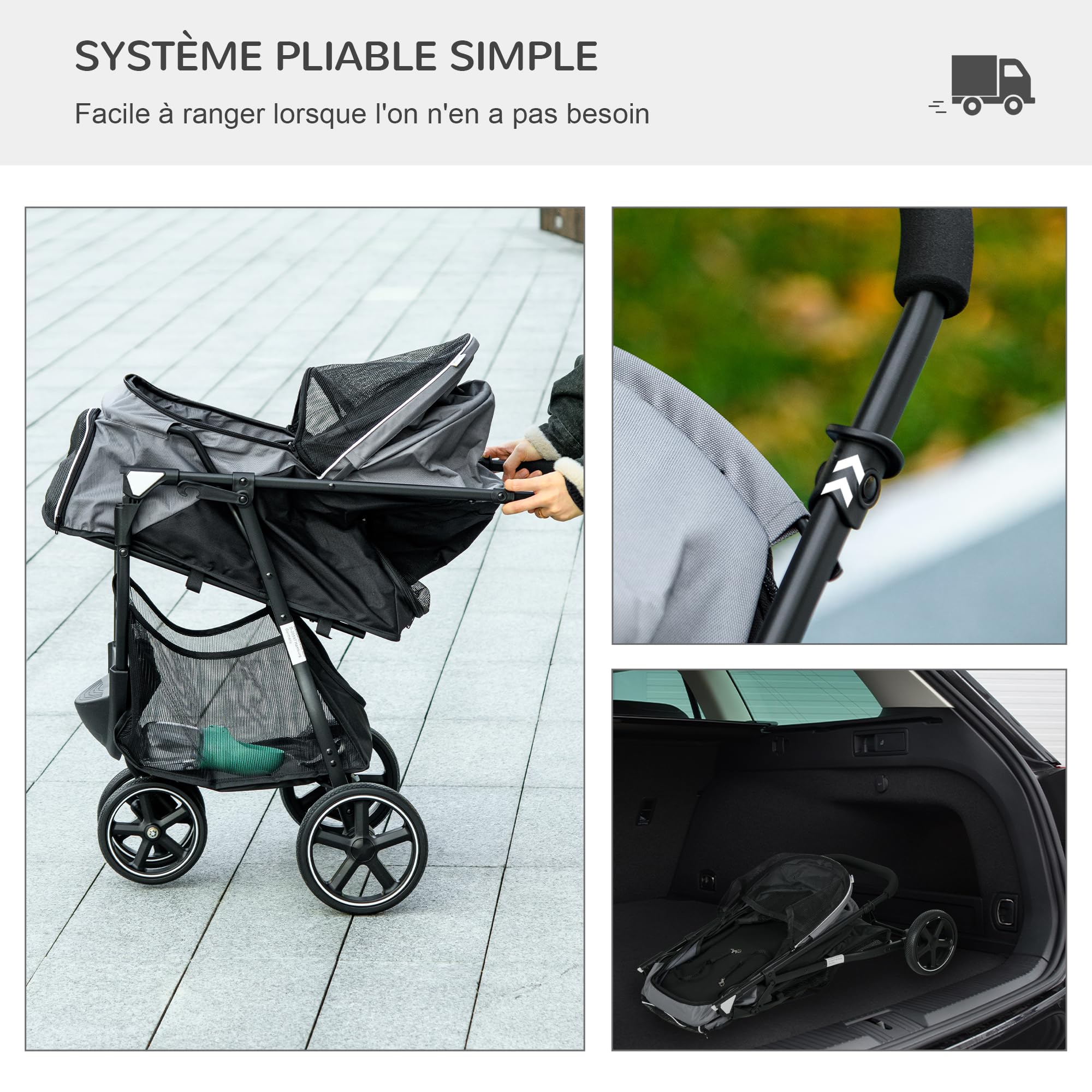 PawHut Poussette buggy pour chien, poussette pour chat animaux de compagnie pliable, 2 laisses, roues EVA, guidon réglable, panier, 83 x 55 x 101 cm, gris