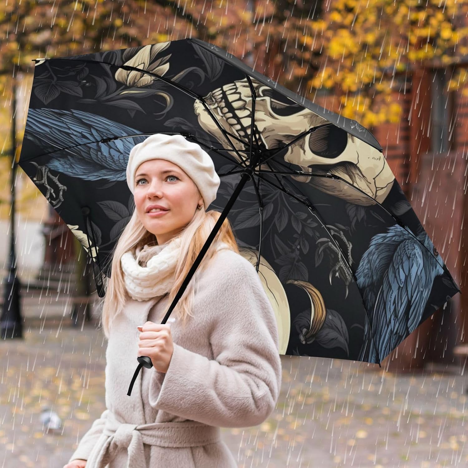 Gothic Skull Crows Umbrellas for Rain Travel Umbrella Compact Folding Lightweight Portable Automatic Umbrella