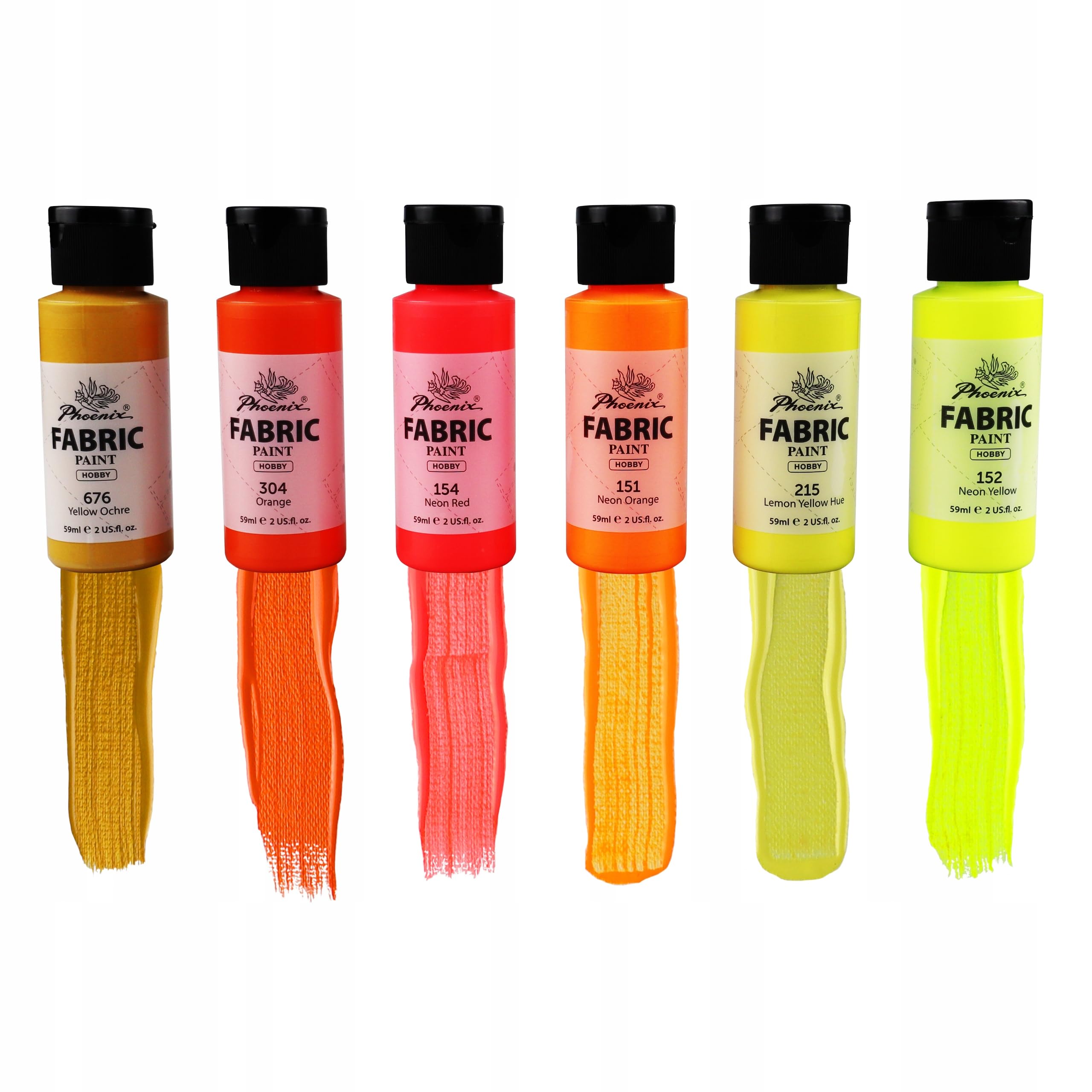 Phoenix Textilfarben Set 24x59 ml, Stofffarbe für helle & dunkle Stoffe (inkl. Neon, Metallic, Perlmutt), Waschfeste Farben für Kleidung, T-Shirts & DIY, Stoffmalfarben ohne Fixieren