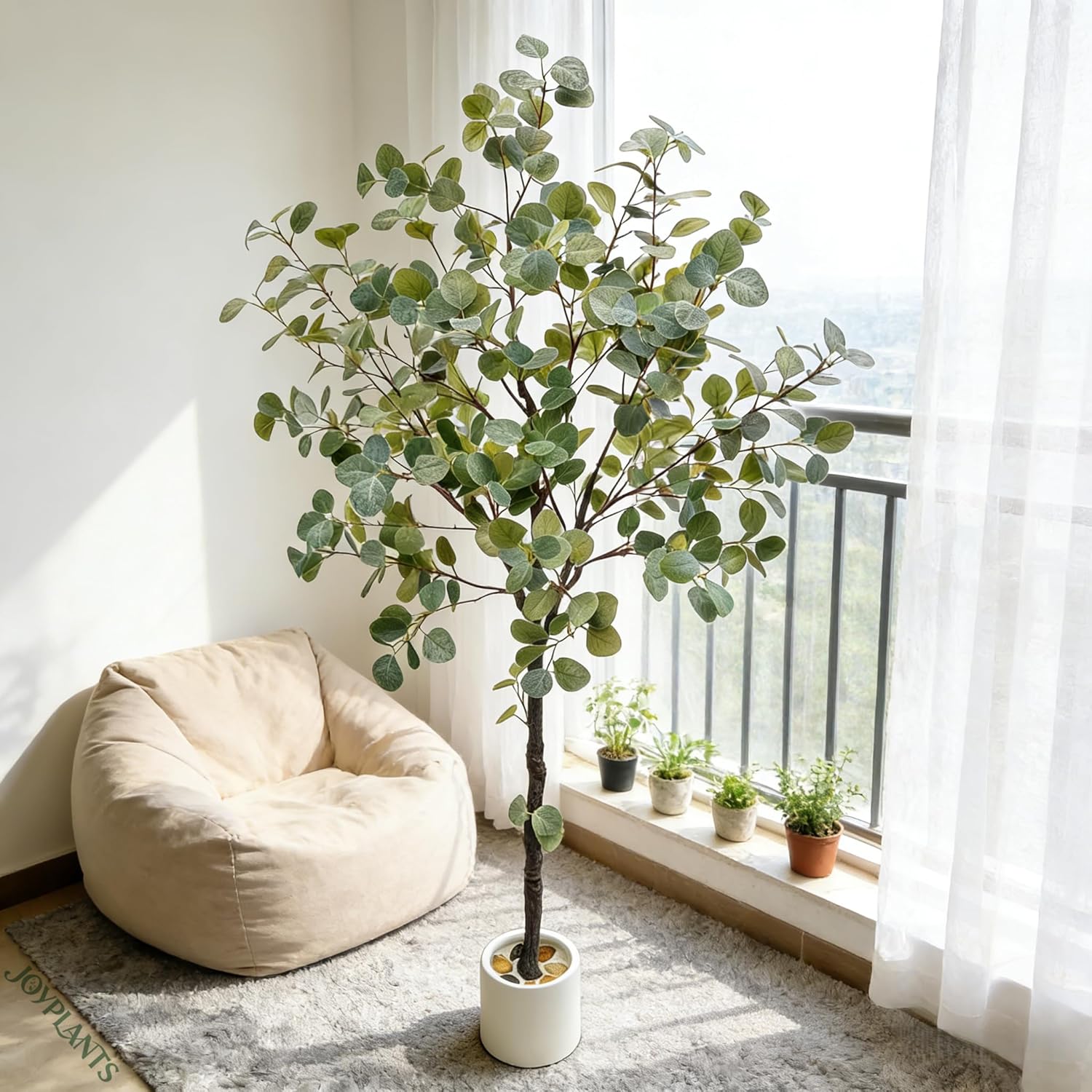 6FT Artificial Eucalyptus Tree, Lifelike Fake Plant Silver Dollar Silk Leaves & Real Touch Texture with Adjustable Branches for Home Office Indoor Decor for Housewarming Gift(Red Stems) - Image 7