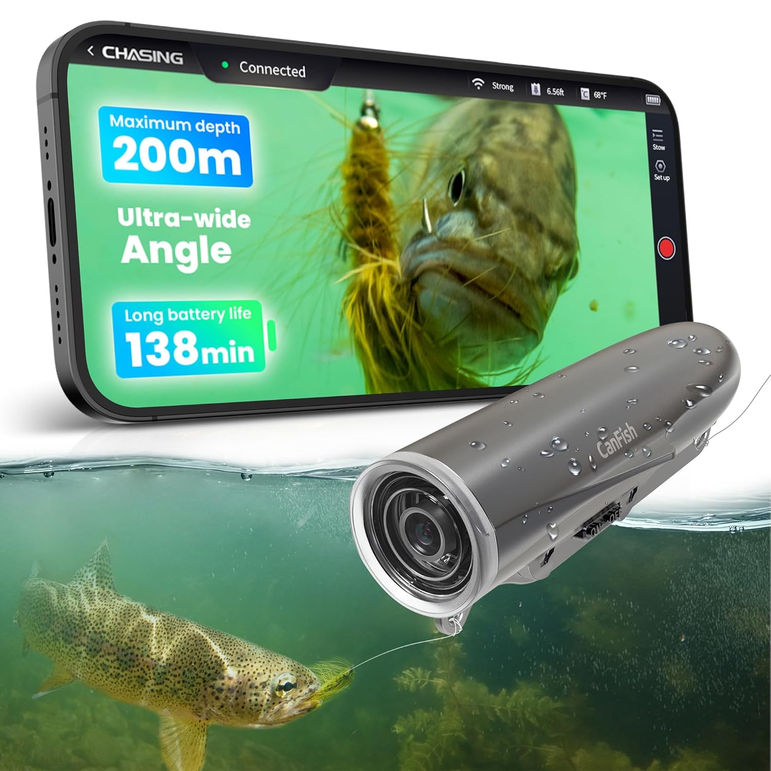 CanFish Fishing CamX Fishing Finders Camera,Lure Action Camera HD 1080P &136°Ultra-Wide-Angle,656FT ROV Waterproof/Motion Sensing/Segmented Intelligent Recording/Wireless Charge/App Compatible (Grey)
